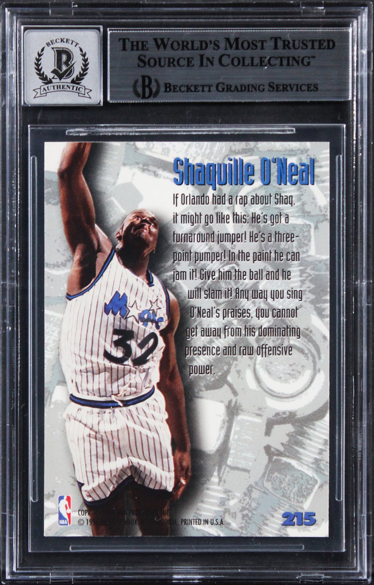 Magic Shaquille O'Neal Signed 1995 Metal #215 Card Auto Grade 10! BAS Slabbed