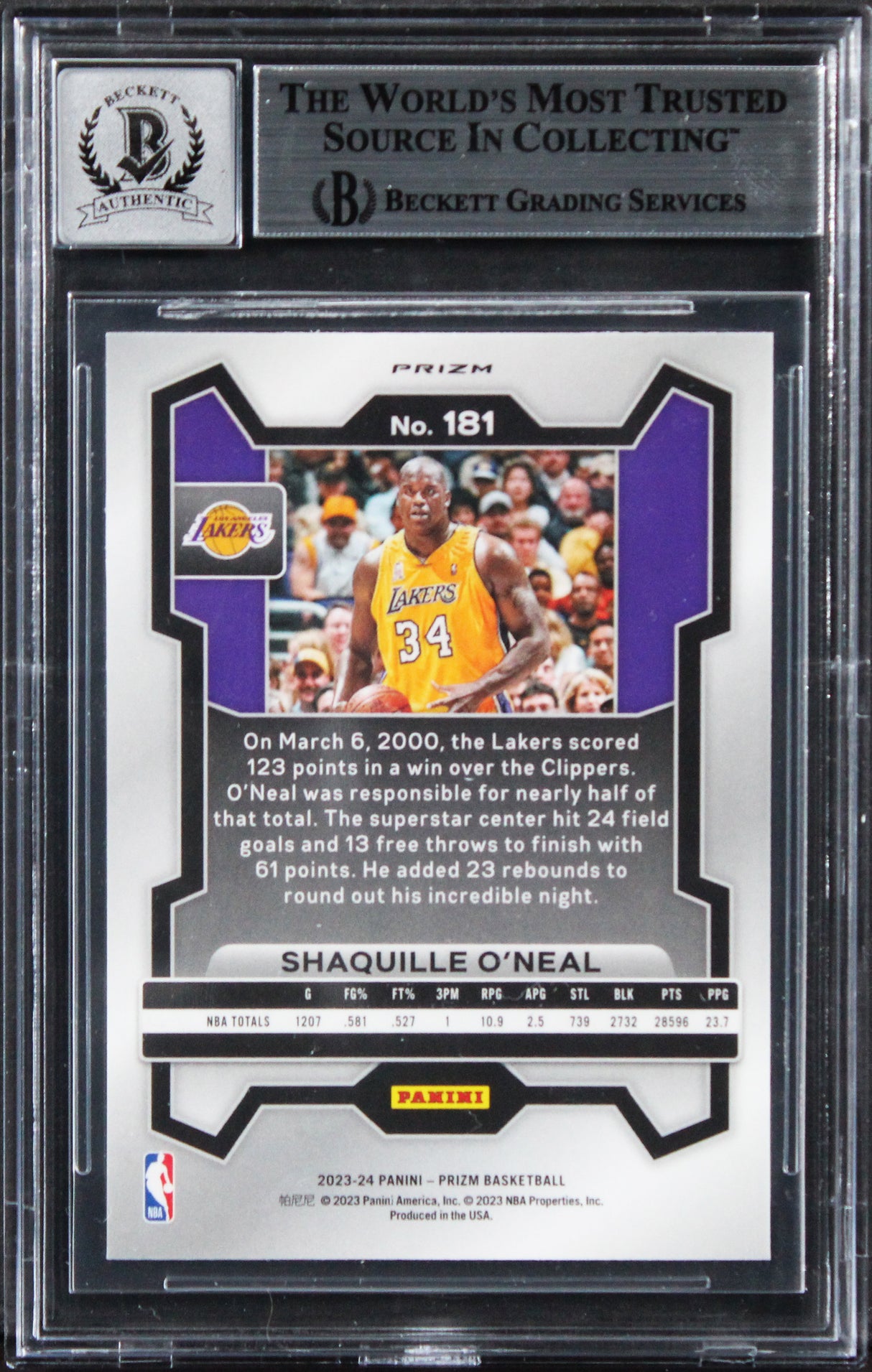 Shaquille O'Neal Signed 2023 Panini Prizm Pink Ice #181 Card Auto 10! BAS Slab
