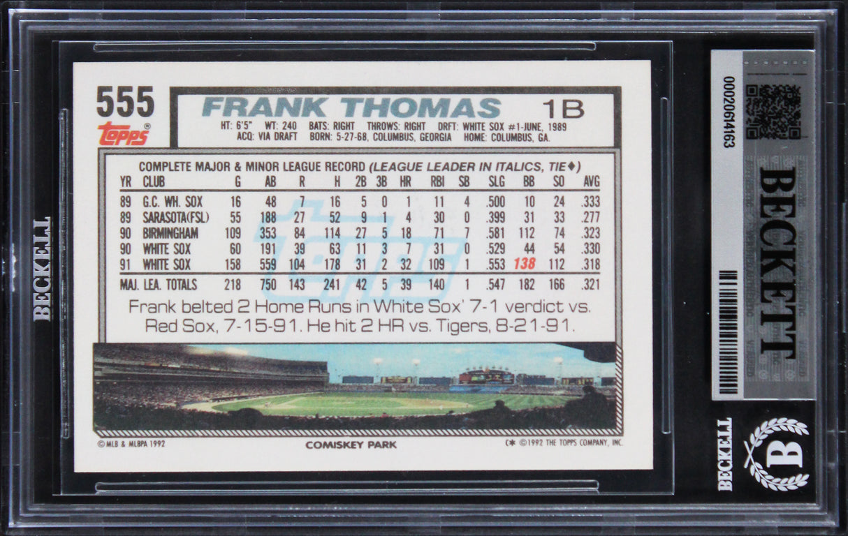 White Sox Frank Thomas Authentic 1992 Topps #555 Card Autographed BAS Slabbed