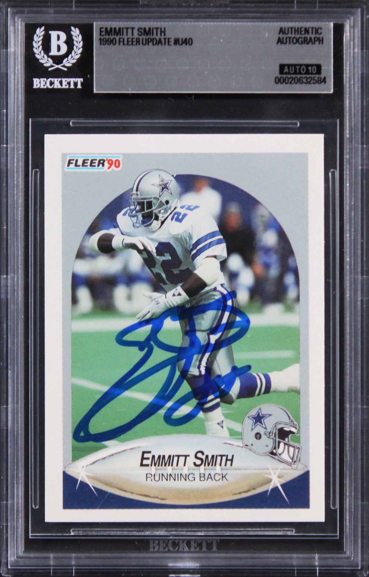 Cowboys Emmitt Smith Signed 1990 Fleer Update #U40 Rookie Card Auto 10! BAS Slab