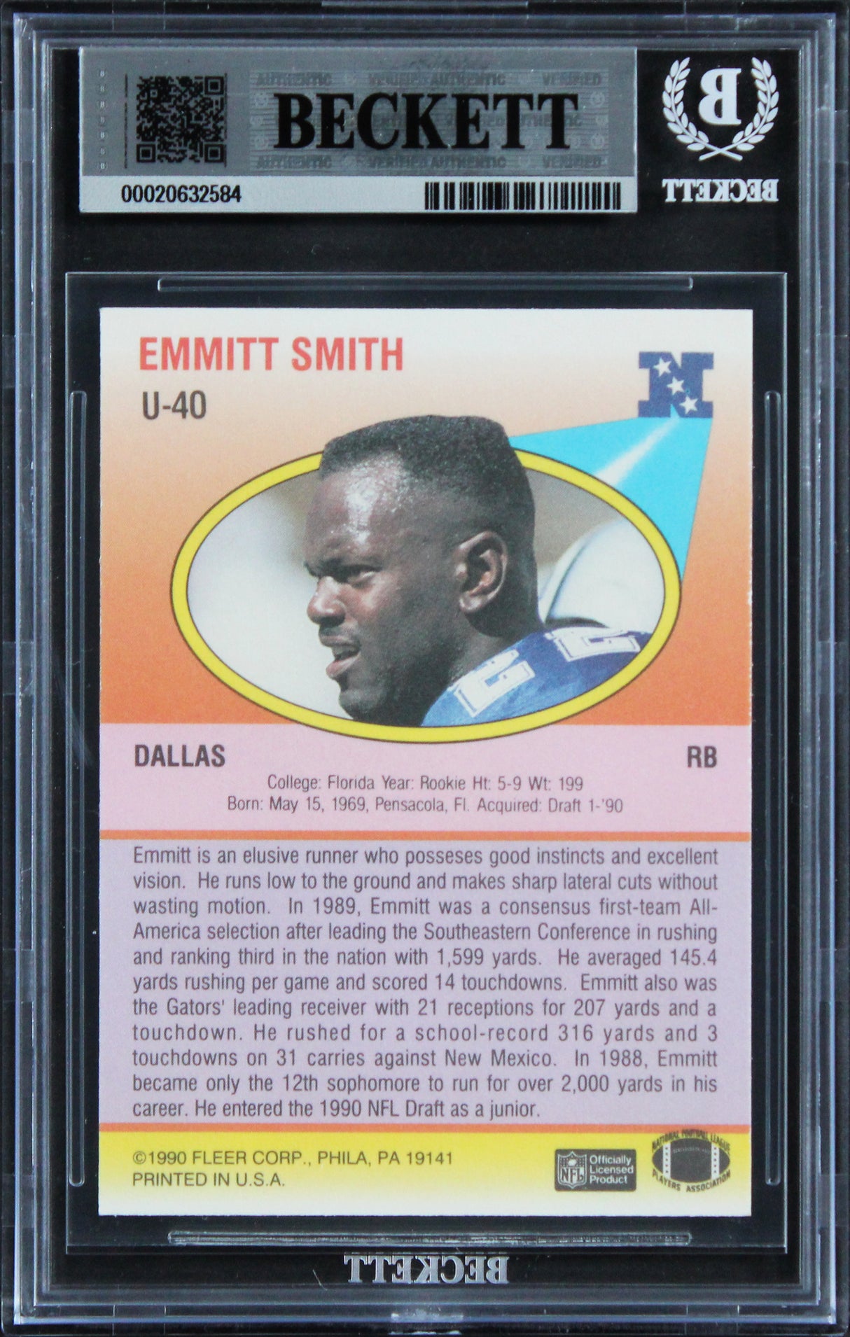 Cowboys Emmitt Smith Signed 1990 Fleer Update #U40 Rookie Card Auto 10! BAS Slab