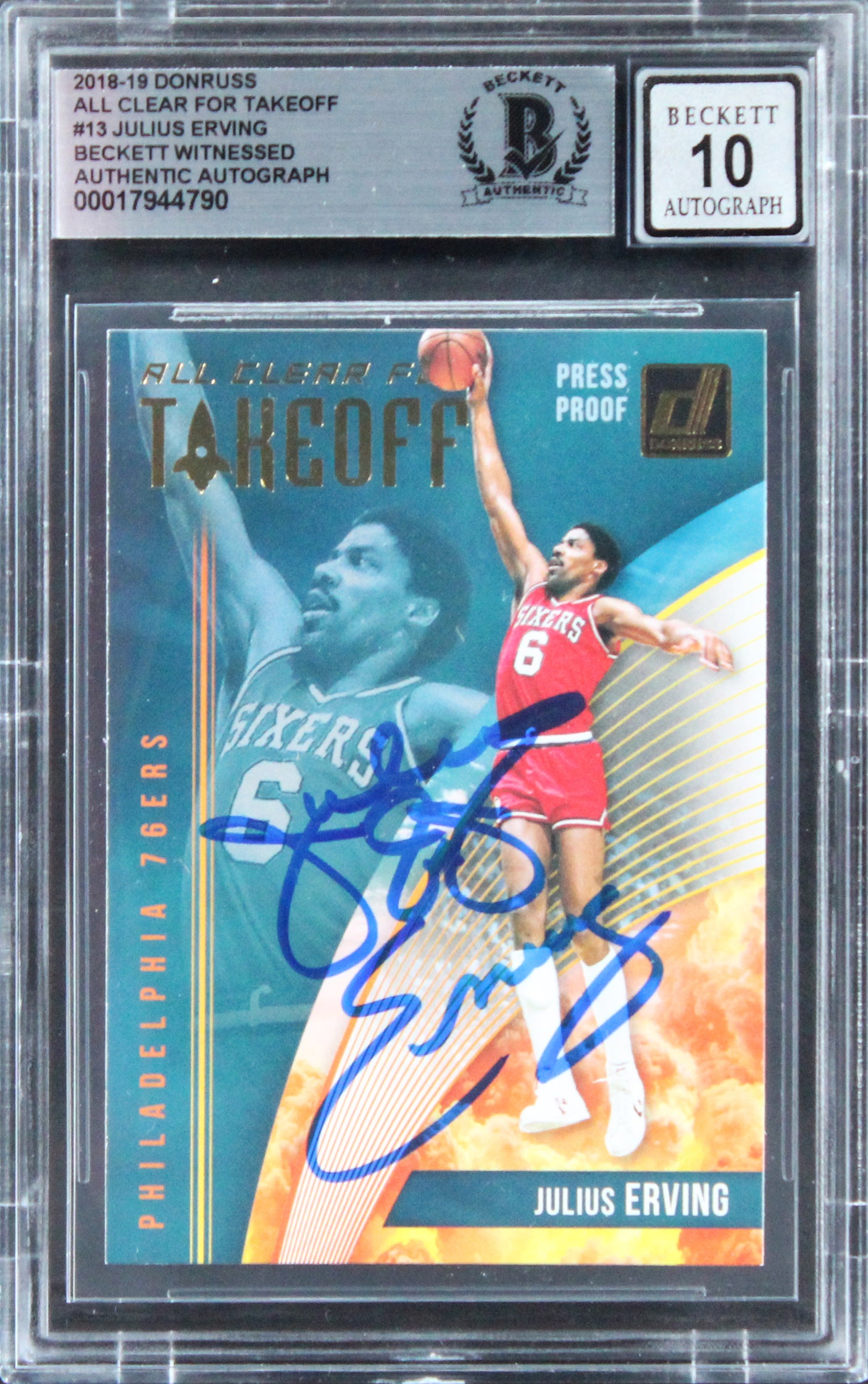 76ers Julius Erving Signed 2018 Donruss ACFT #13 Card Auto 10! BAS Slab