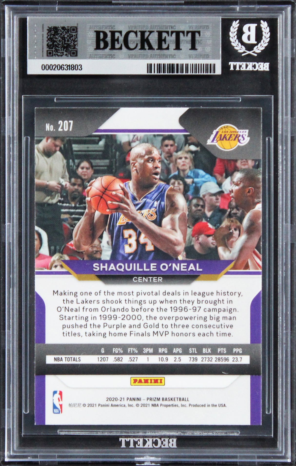 Lakers Shaquille O'Neal Signed 2020 Panini Prizm #207 Card Auto 10! BAS Slabbed