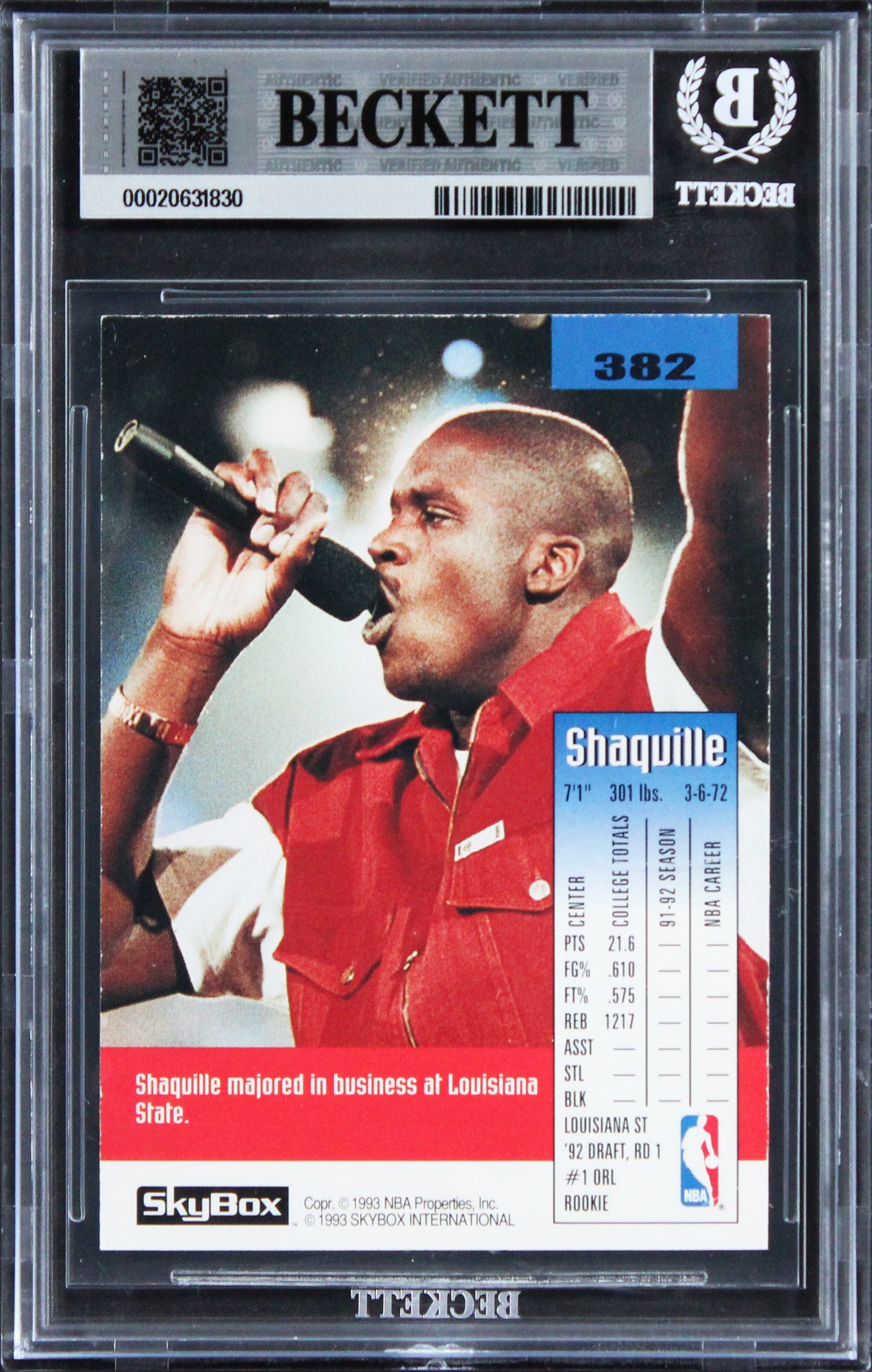 Magic Shaquille O'Neal Signed 1992 Skybox #382 Rookie Card Auto 10! BAS Slabbed