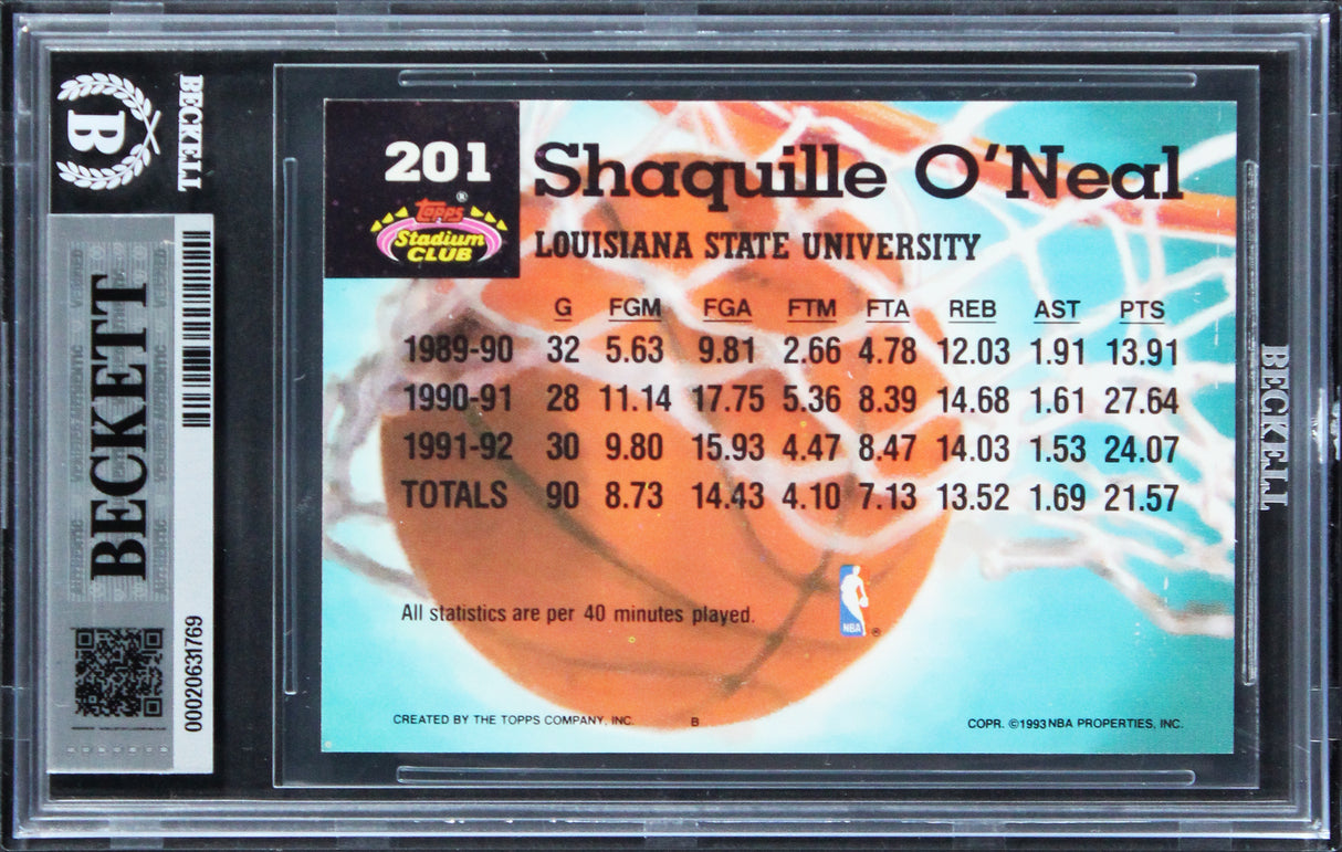 Magic Shaquille O'Neal Signed 1992 Stadium Club #201 RC Card Auto 10! BAS Slab