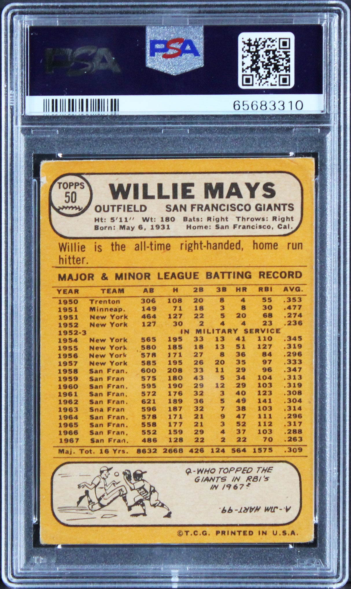 Giants Willie Mays Signed 1968 Topps #50 Card Graded 2, Auto 9! PSA/DNA Slabbed