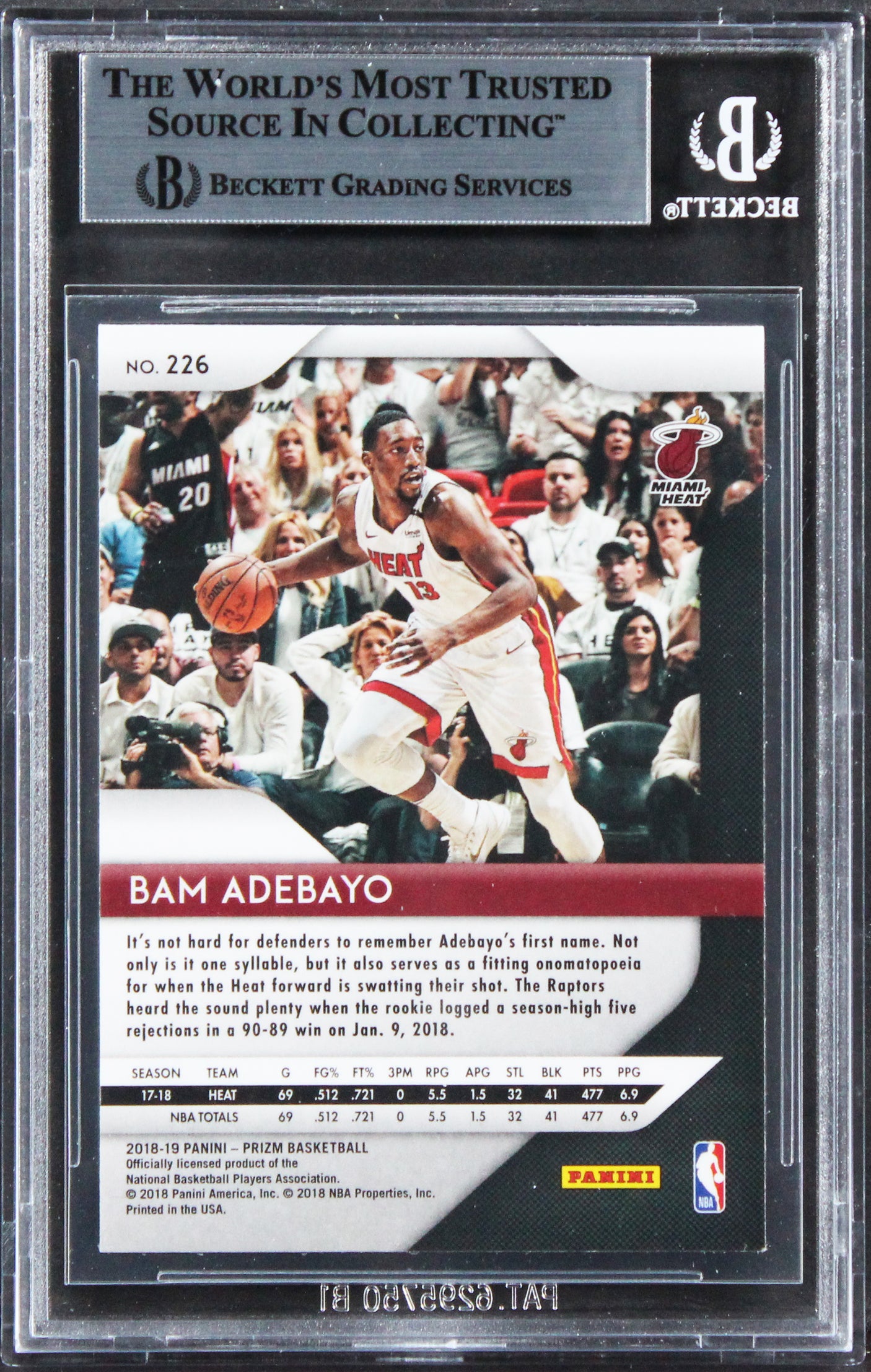 Heat Bam Adebayo Authentic Signed 2018 Panini Prizm #226 Card BAS Slabbed