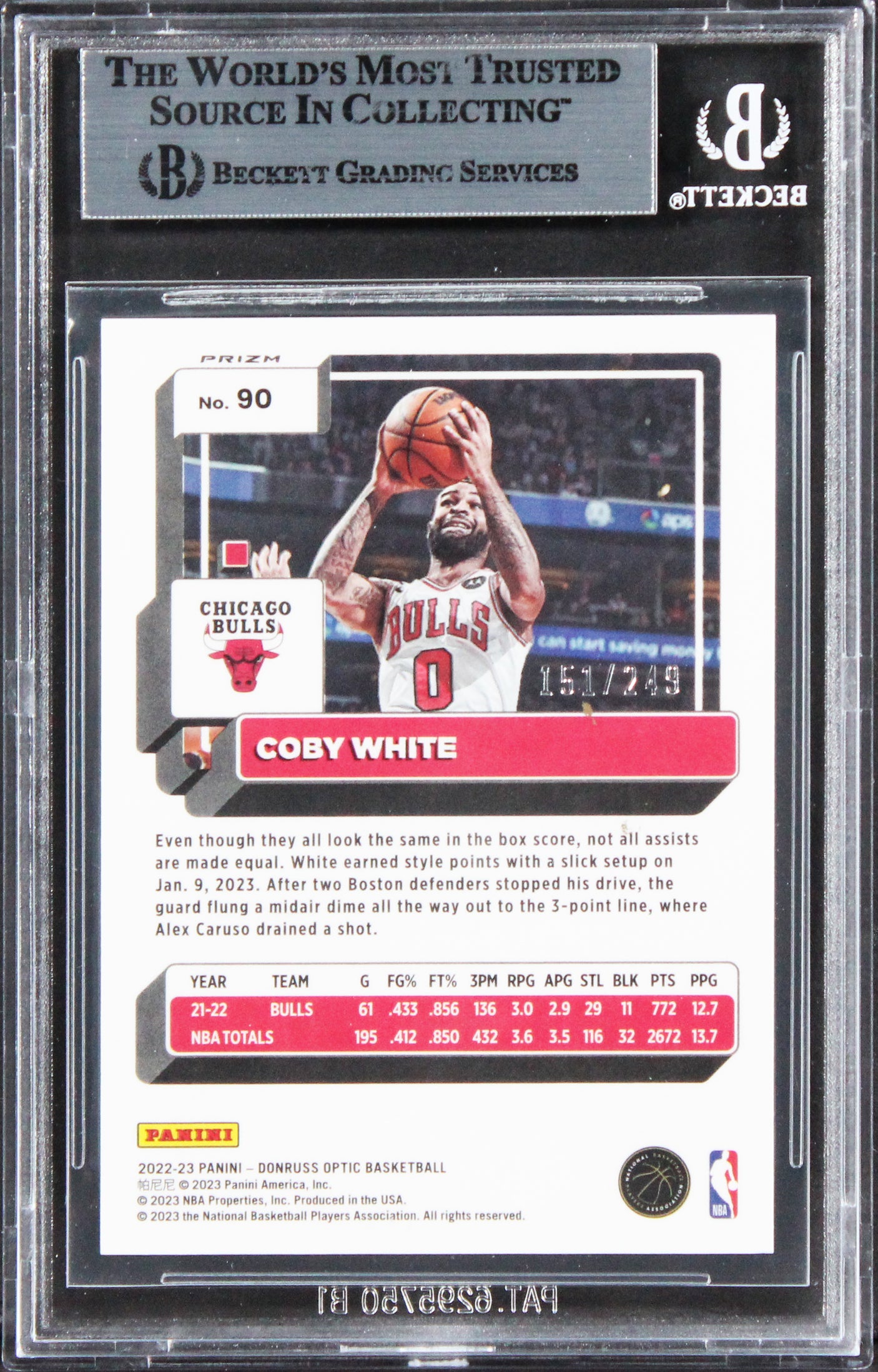 Bulls Coby White Signed 2022 Donruss Optic Premium Box Set #90 Card BAS Slabbed