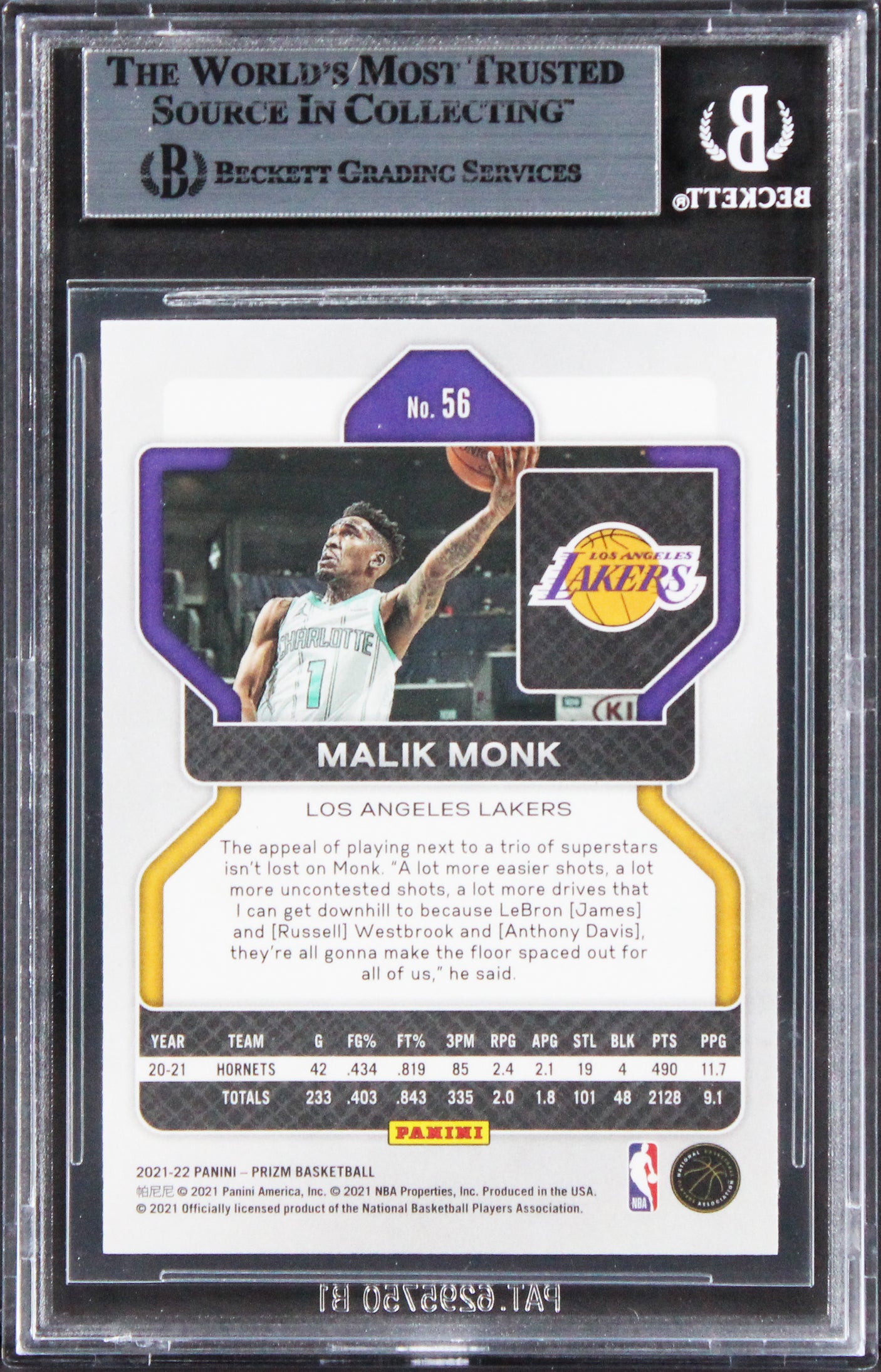 Lakers Malik Monk Authentic Signed 2021 Panini Prizm #56 Card BAS Slabbed