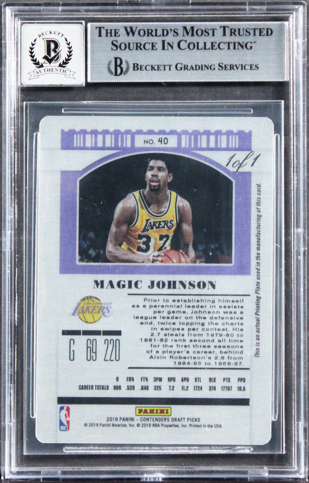 Magic Johnson HOF 2002 Signed 2019 Panini PP Cyan #40 1/1 Card Auto 10 BAS Slab