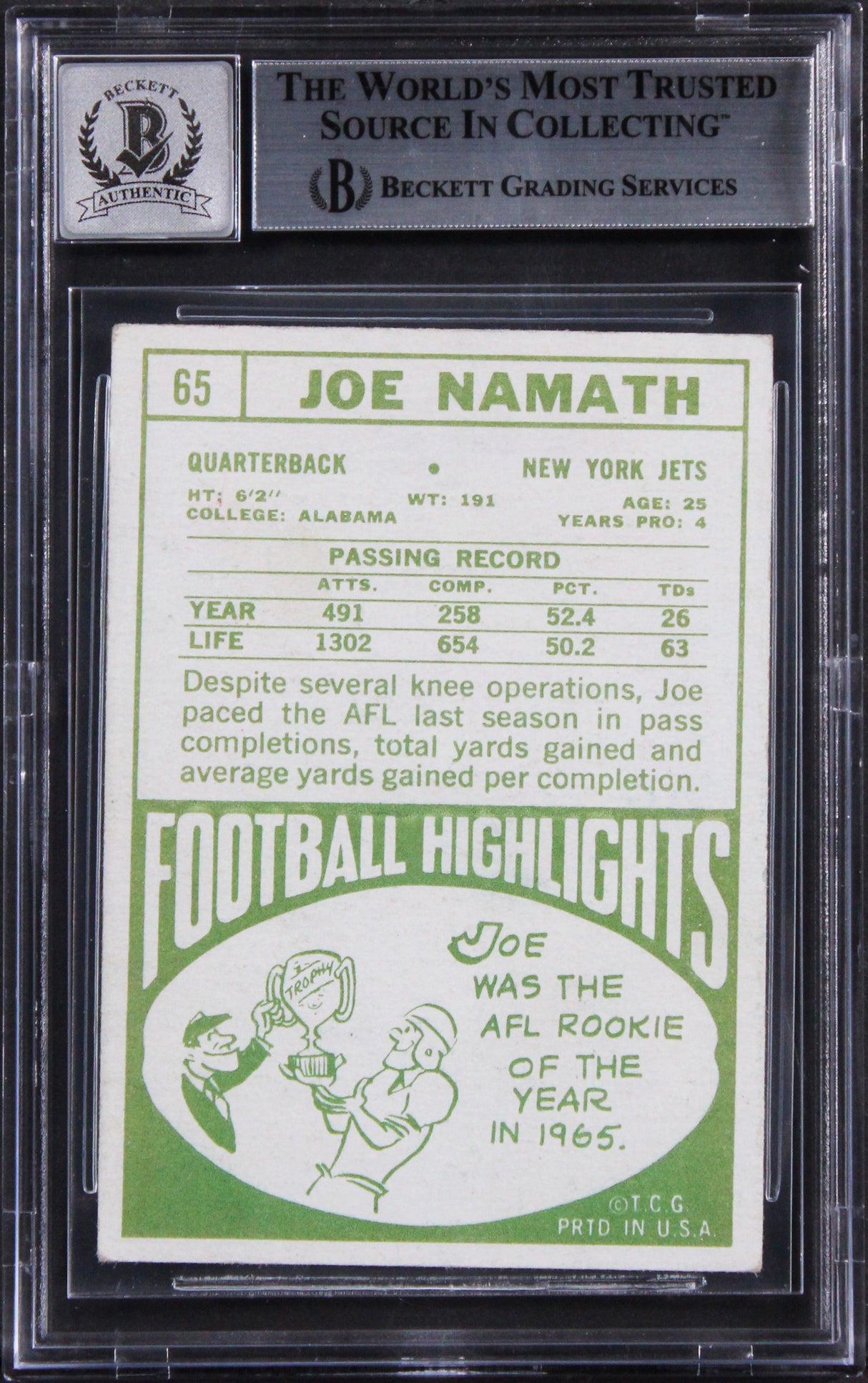 Jets Joe Namath Authentic Signed 1968 Topps #65 Card Auto 10! BAS Slabbed 1