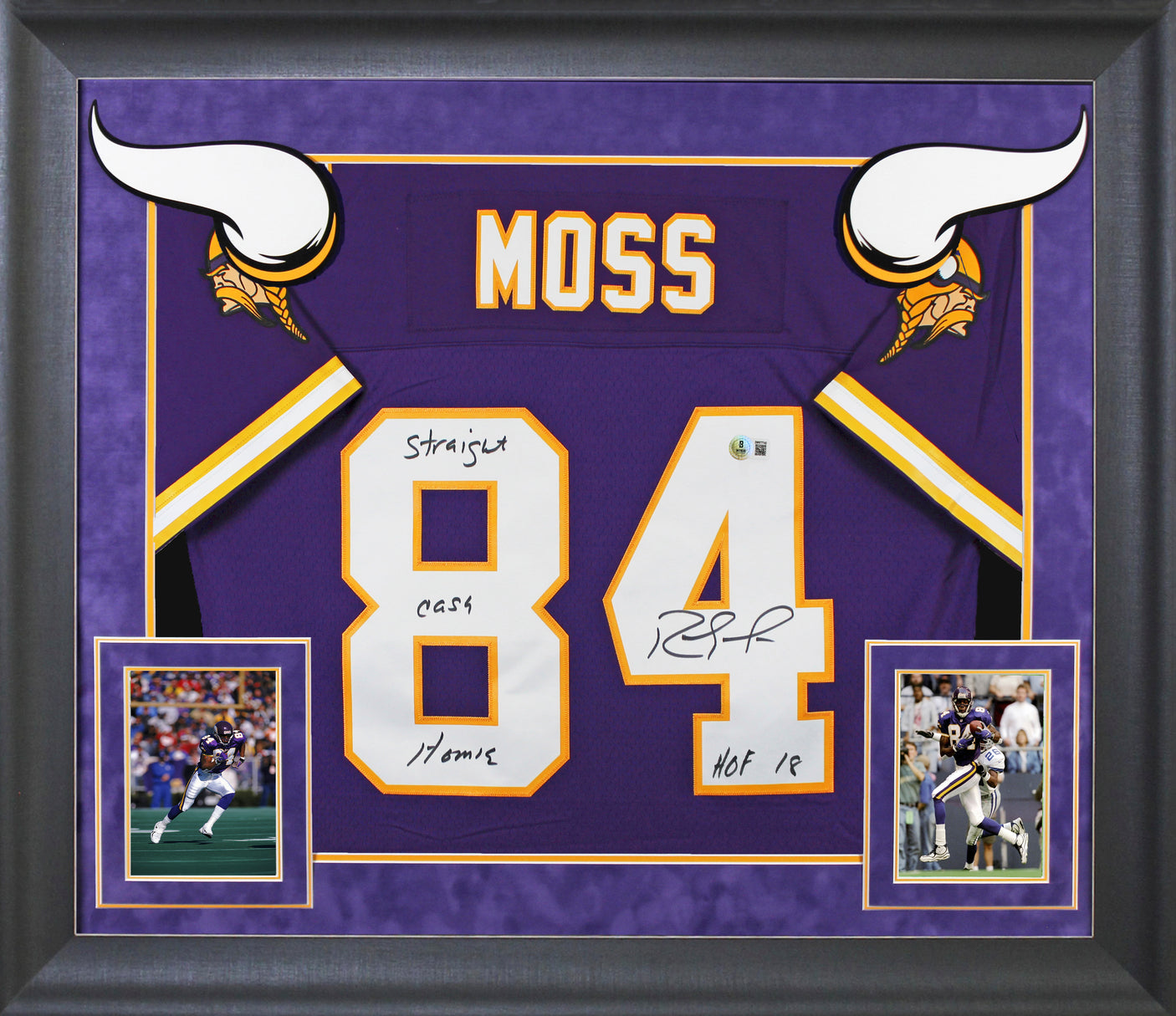 Vikings Randy Moss "2x Insc" Signed Purple 1998 M&N TB Framed Jersey BAS Witness