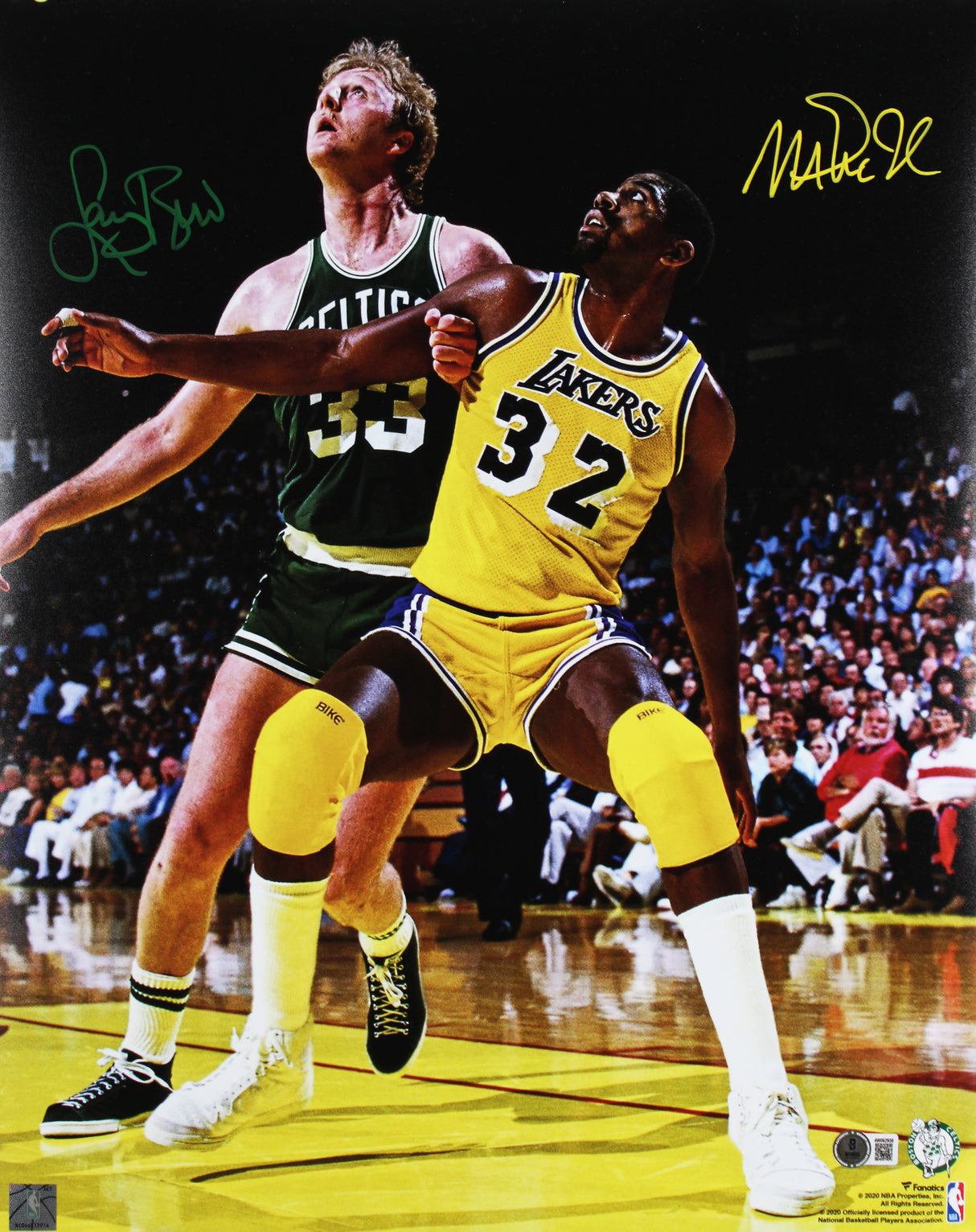 Magic Johnson & Larry Bird Signed 16x20 Vertical Boxout Photo BAS Wit #4W062938