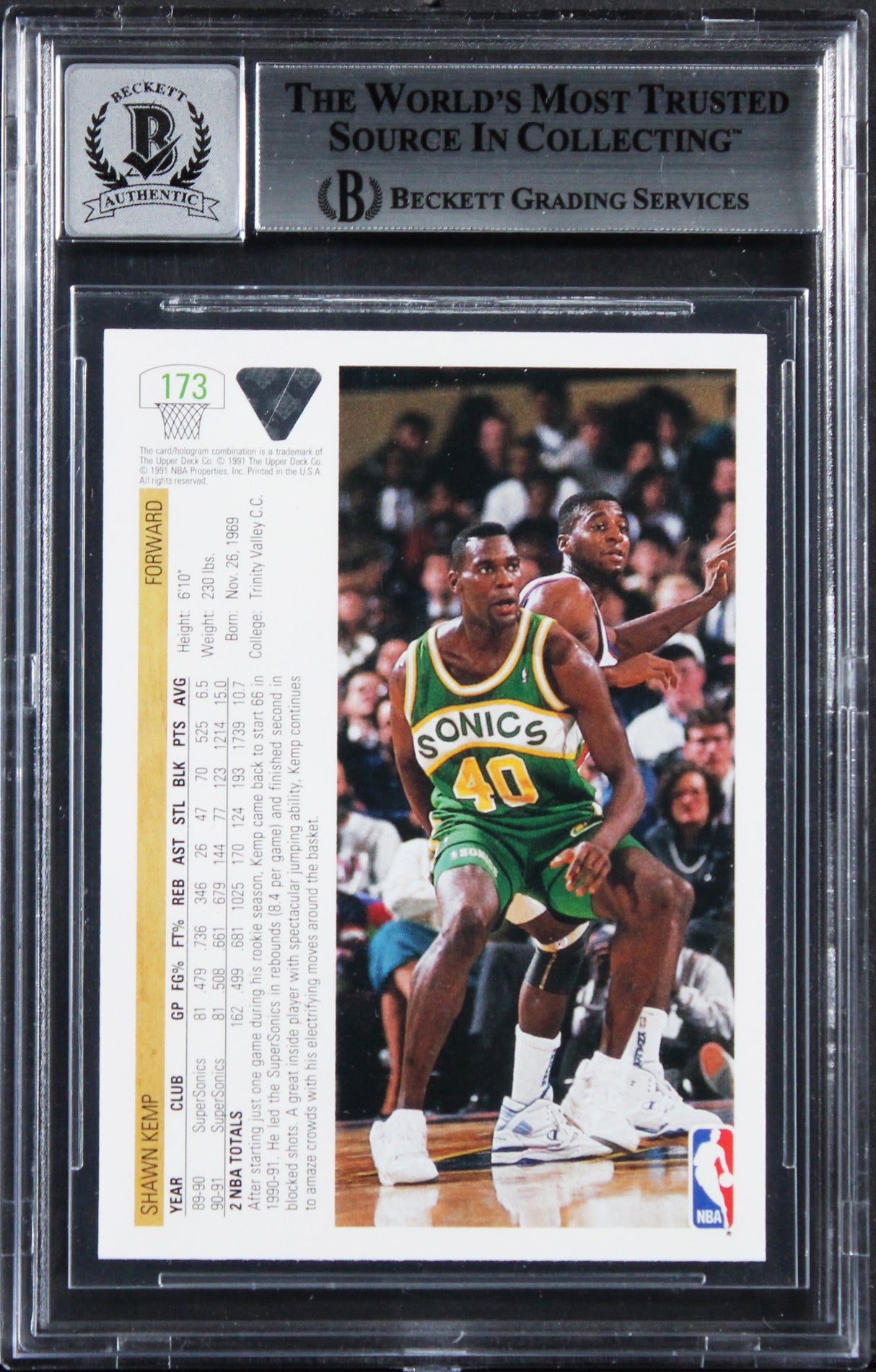 Sonics Shawn Kemp Signed 1991 Upper Deck #173 Card Auto Grade 10! BAS Slabbed