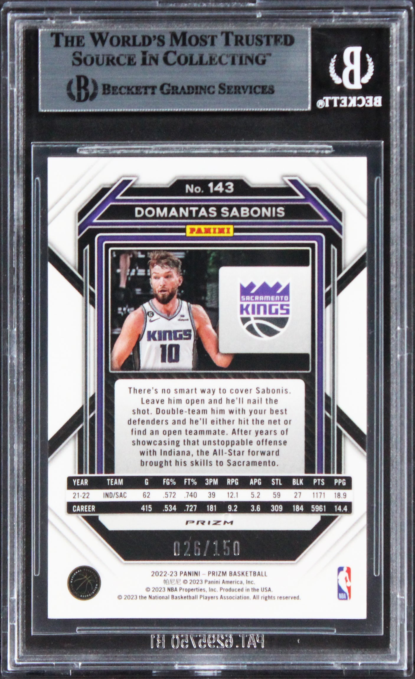 Kings Domantas Sabonis Signed 2022 Panini Prizm Premium FS #143 Card BAS Slabbed