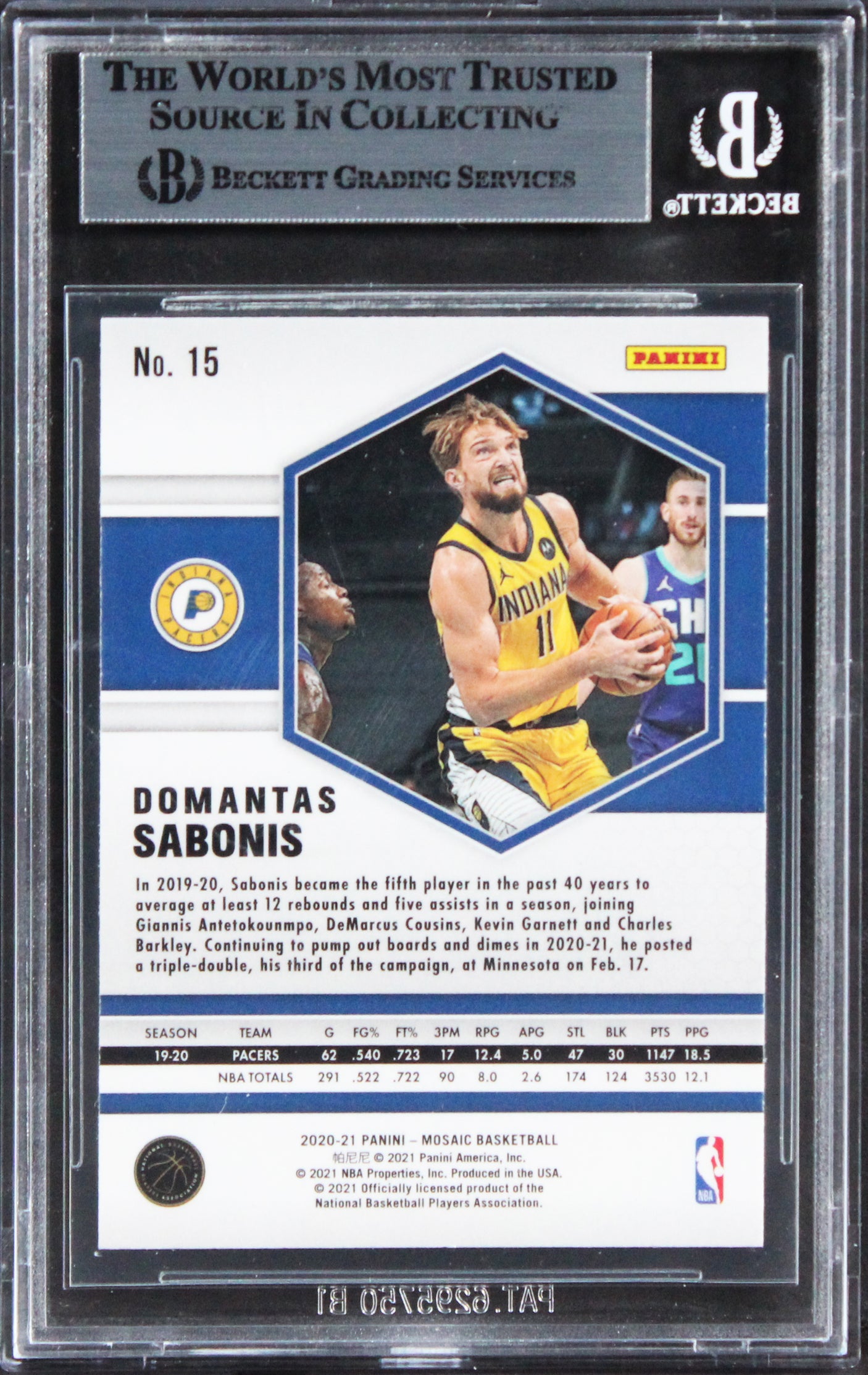 Pacers Domantas Sabonis Authentic Signed 2020 Panini Mosaic #15 Card BAS Slabbed