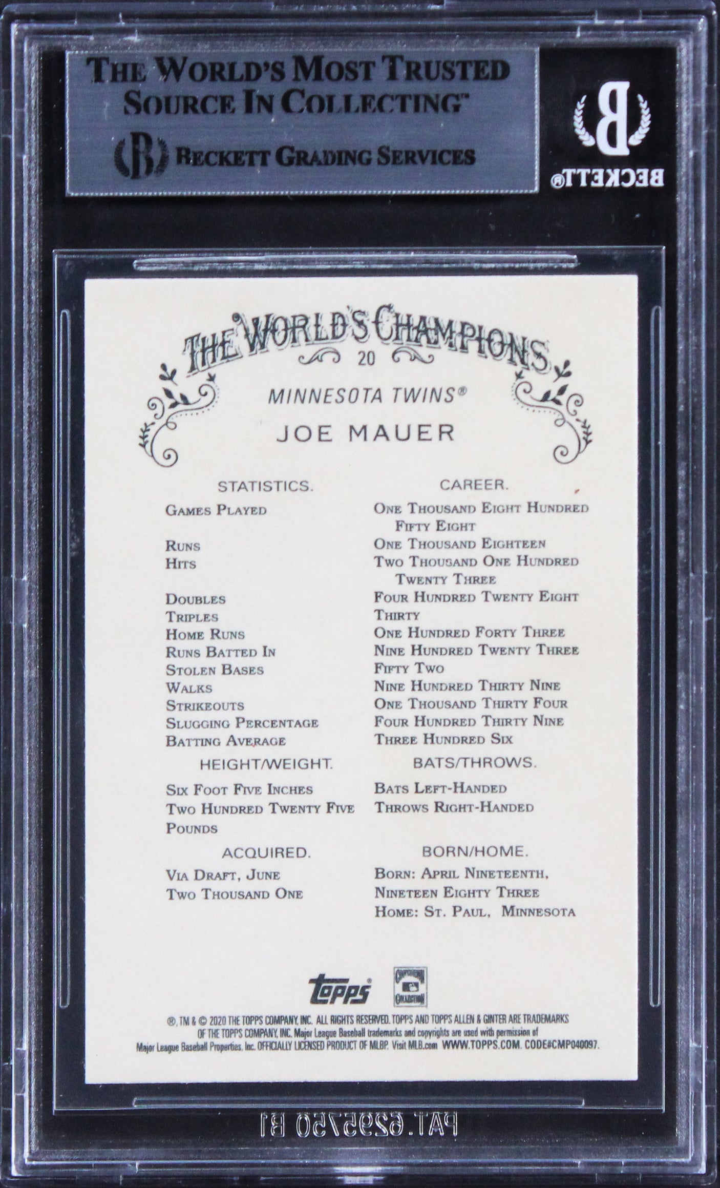 Twins Joe Mauer Authentic Signed 2020 Topps Allen & Ginter #29 Card BAS Slabbed