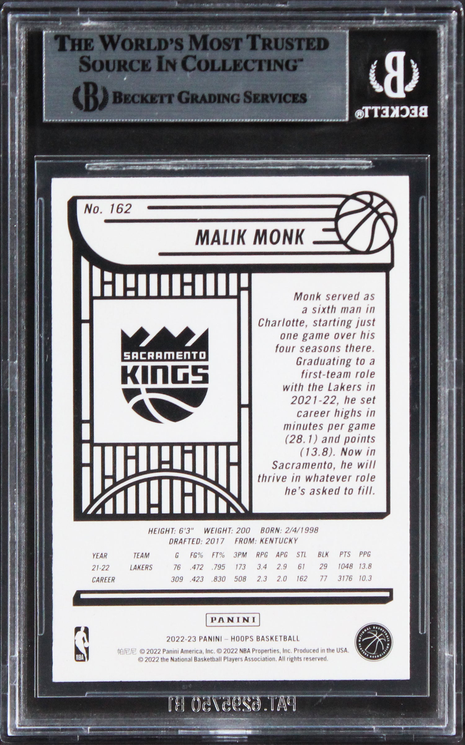 Kings Malik Monk Authentic Signed 2022 Hoops #162 Card BAS Slabbed