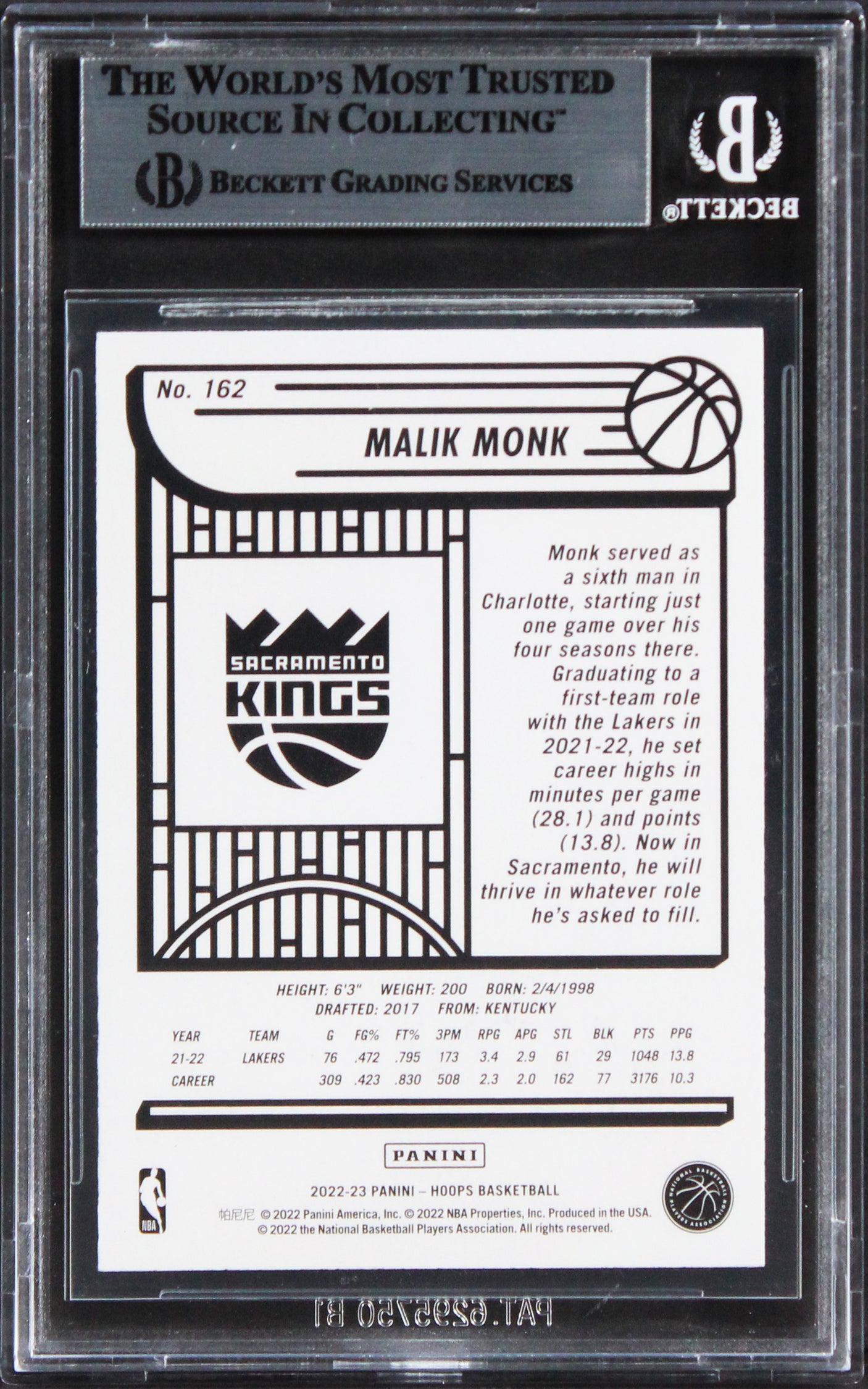 Kings Malik Monk Authentic Signed 2022 Hoops #162 Card BAS Slabbed