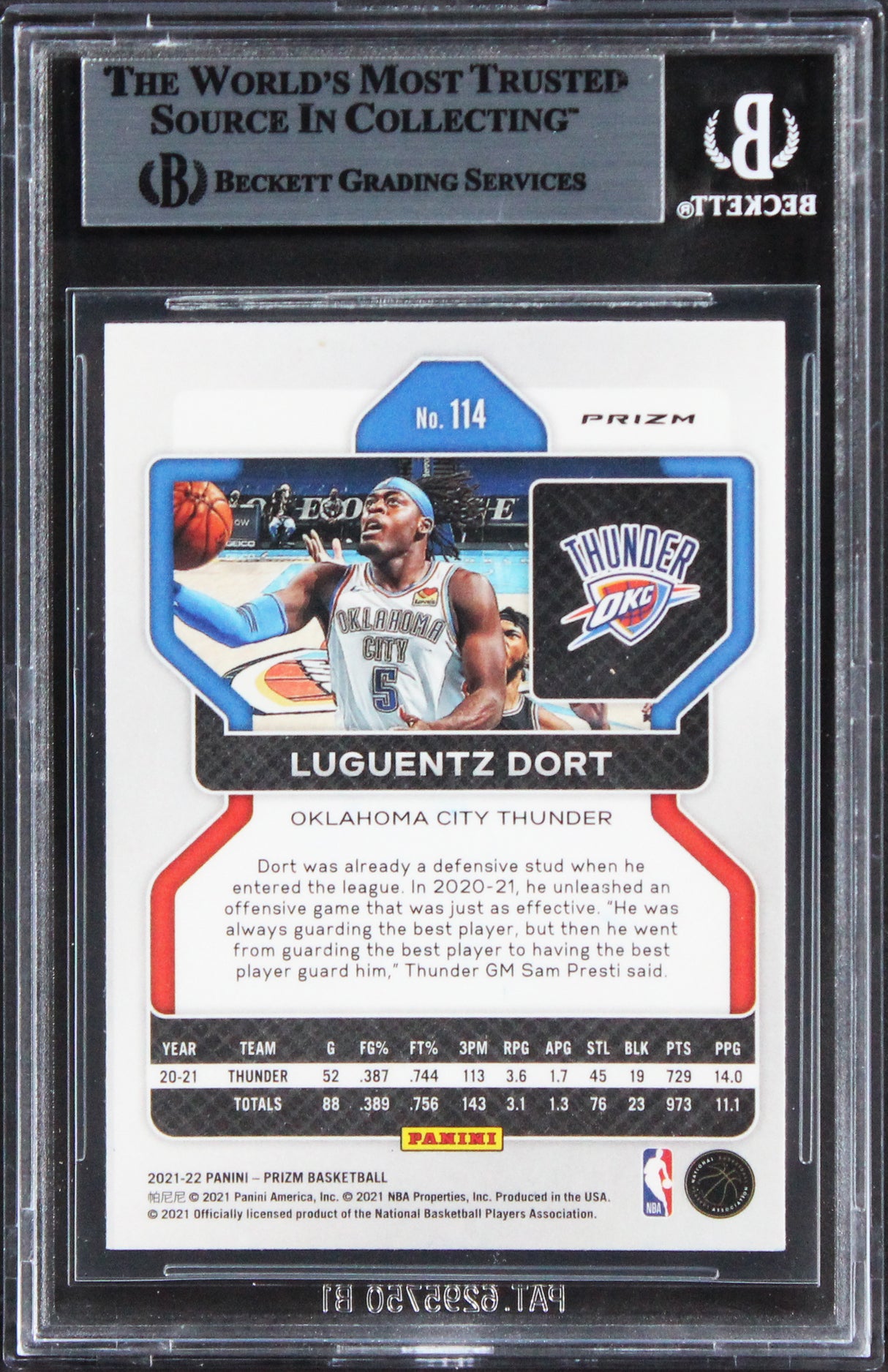 Thunder Luguentz Dort Signed 2021 Panini Prizm Red Ice #114 Card BAS Slabbed