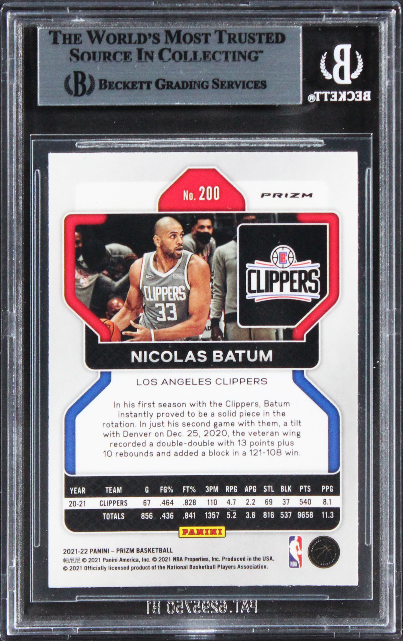 Clippers Nicolas Batum Signed 2021 Panini Prizm RWB #200 Card BAS Slabbed