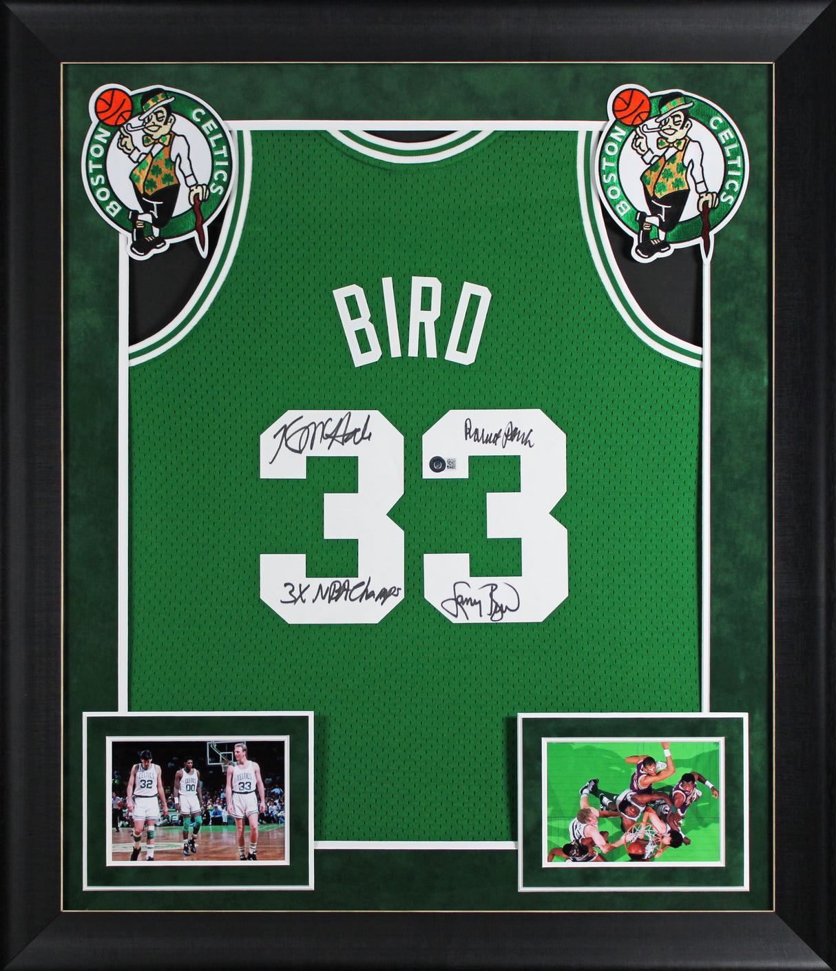 Celtics (3) Bird, Parish & McHale Signed Green M&N Swingman Framed Jersey BAS W