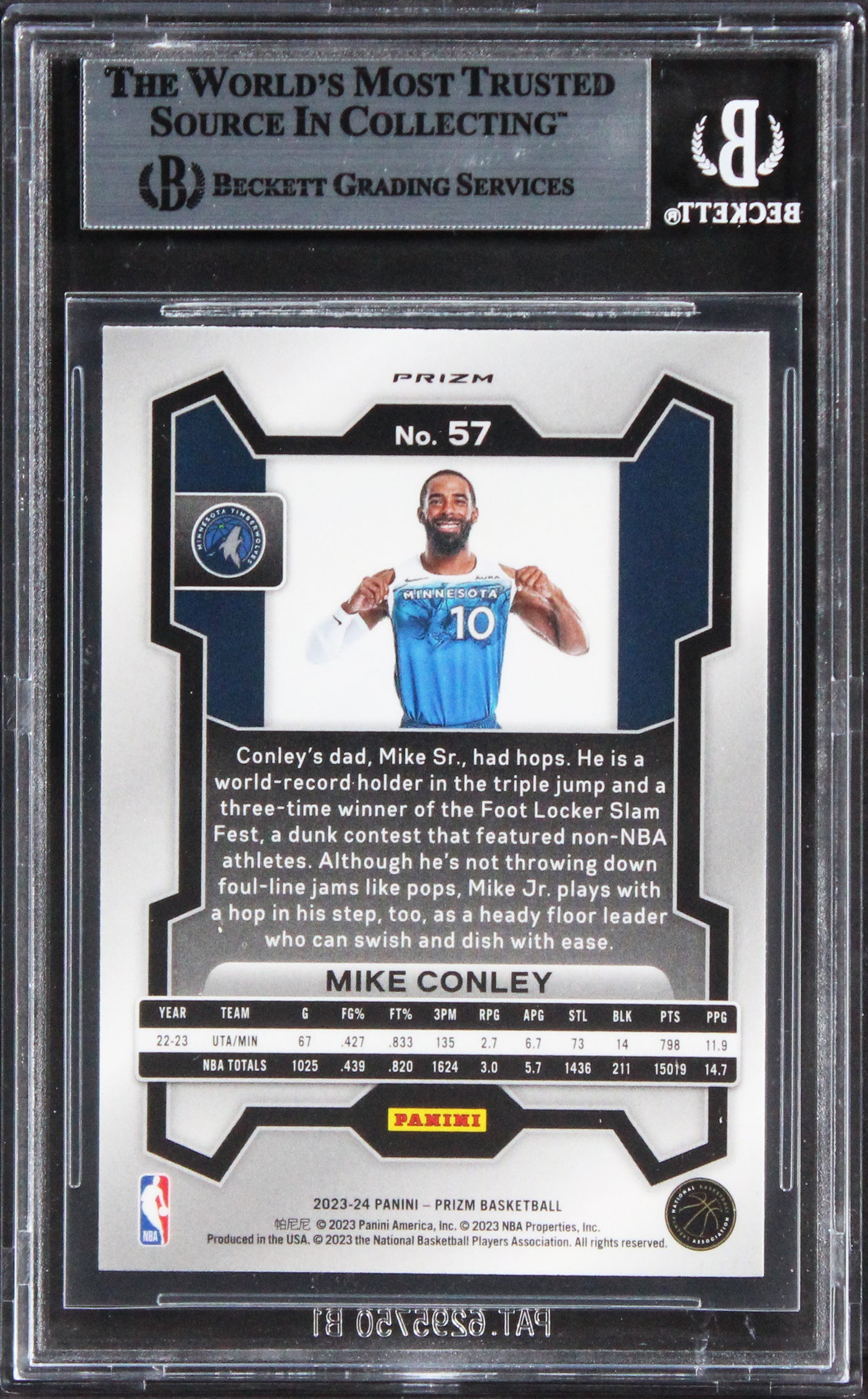 Timberwolves Mike Conley Signed 2023 Panini Prizm Silver #57 Card BAS Slabbed
