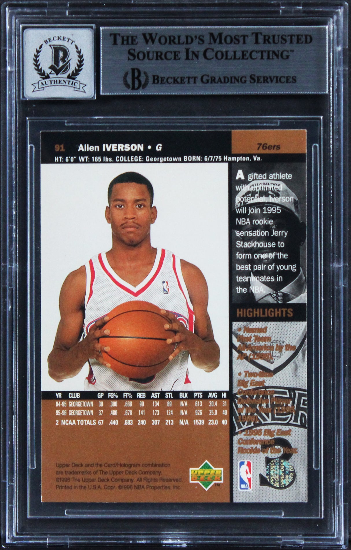 76ers Allen Iverson Signed 1996 Upper Deck #91 Rookie Card Auto 10! BAS Slabbed