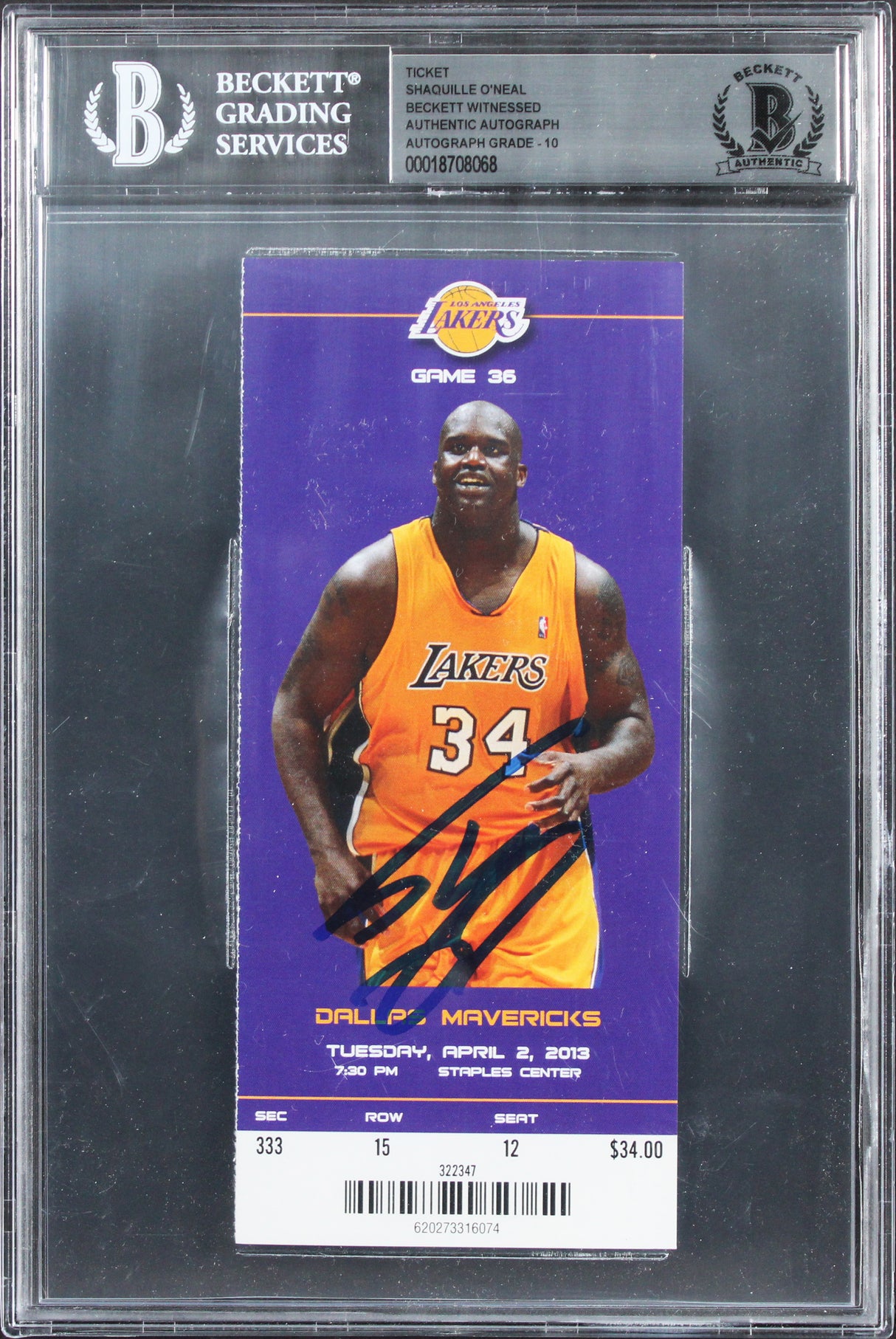 Shaquille O'Neal Signed 4/2/13 #34 Retirement Ticket Stub Card Auto 10! BAS Slab