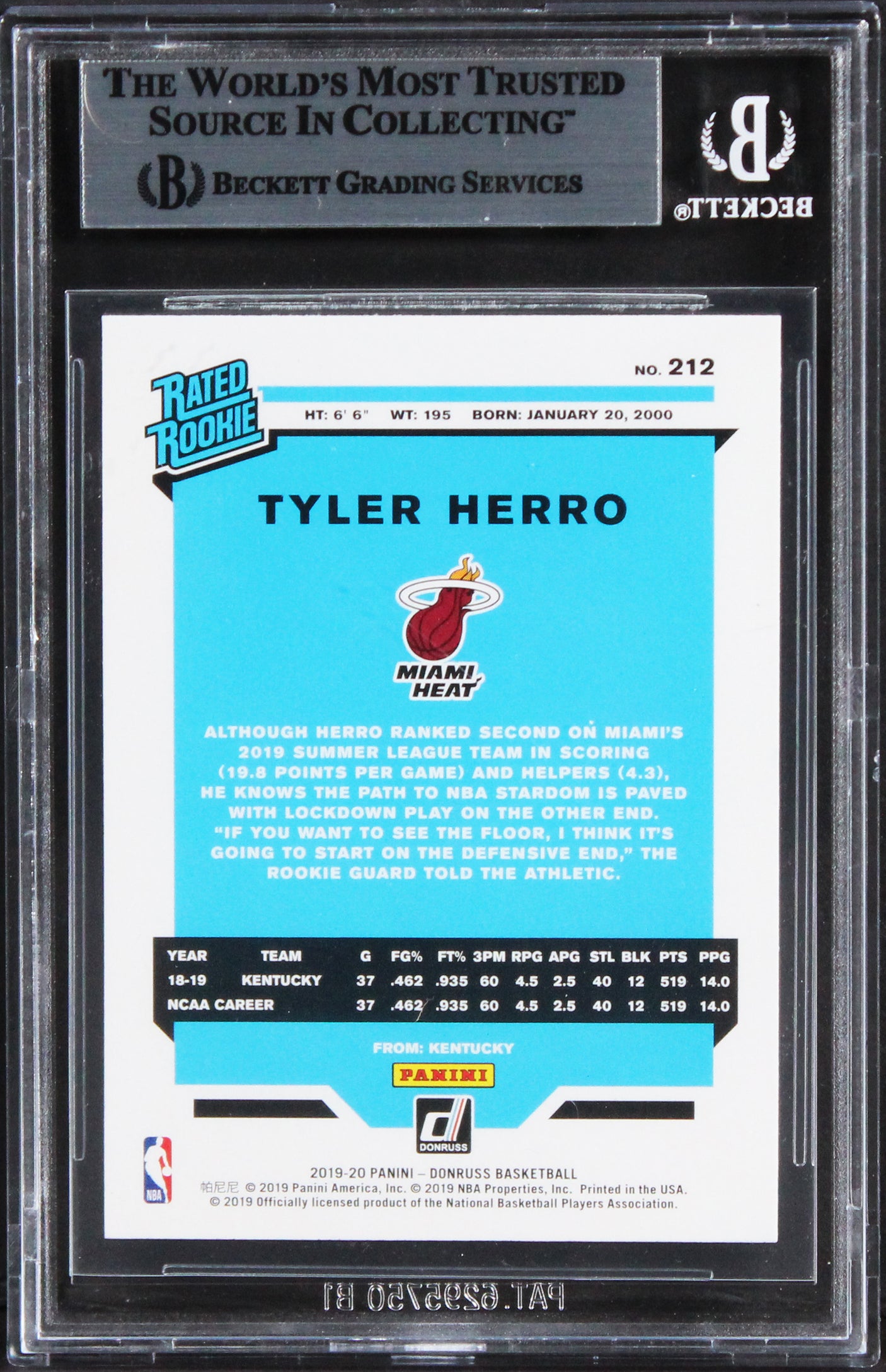 Heat Tyler Herro Authentic Signed 2019 Donruss #212 Rookie Card BAS Slabbed