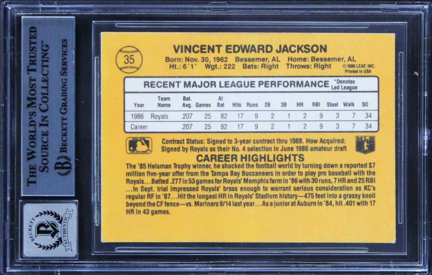 Royals Bo Jackson Authentic Signed 1987 Donruss #35 Card Auto 10! BAS Slabbed