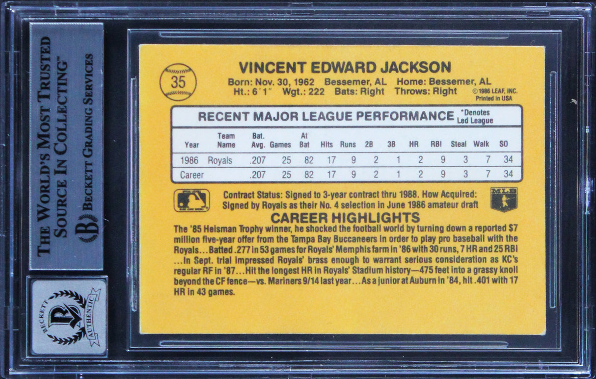 Royals Bo Jackson Authentic Signed 1987 Donruss #35 Card Auto 10! BAS Slabbed