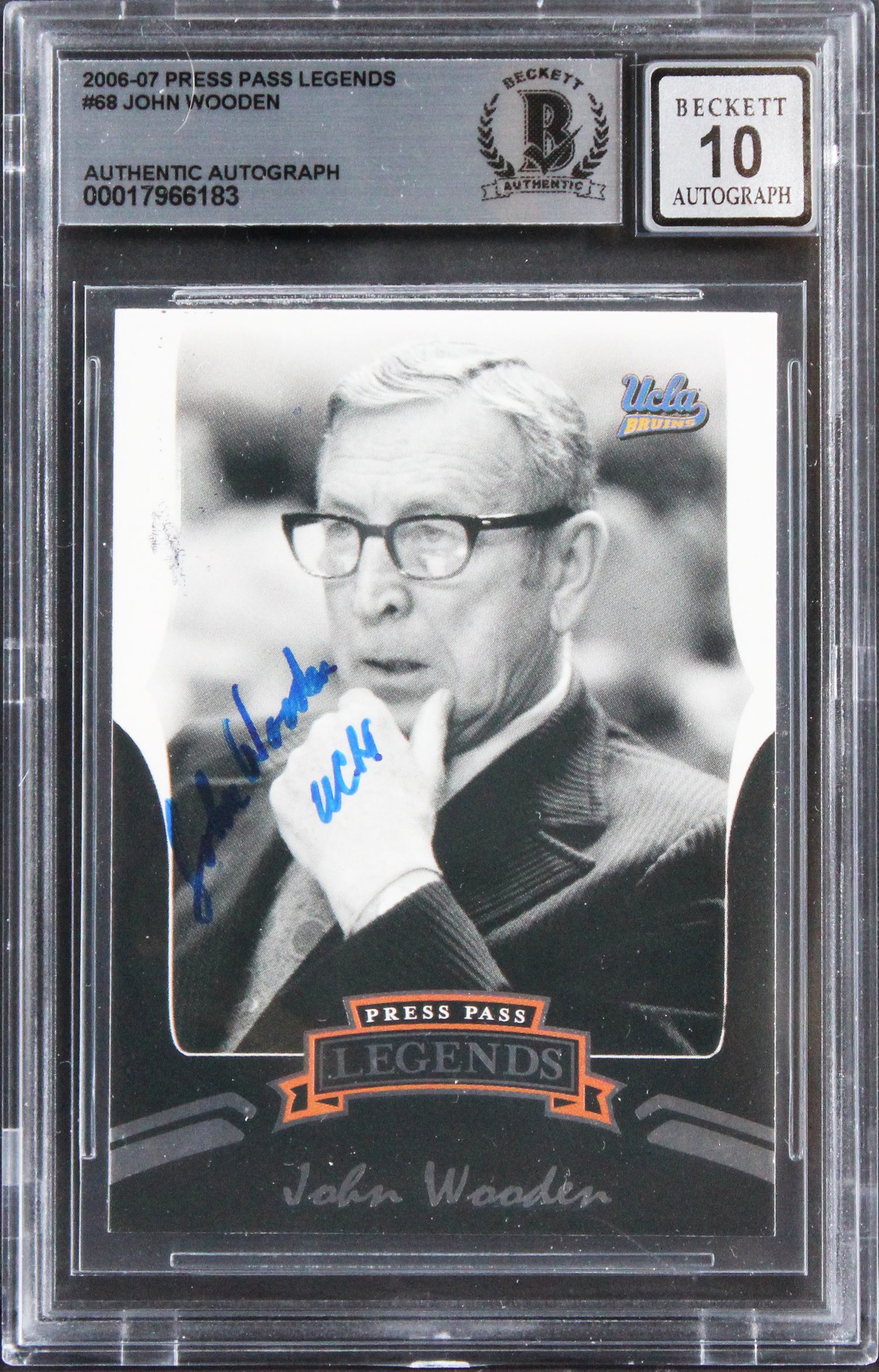 UCLA John Wooden "UCLA" Signed 2006 Press Pass Legend #68 Card Auto 10! BAS Slab