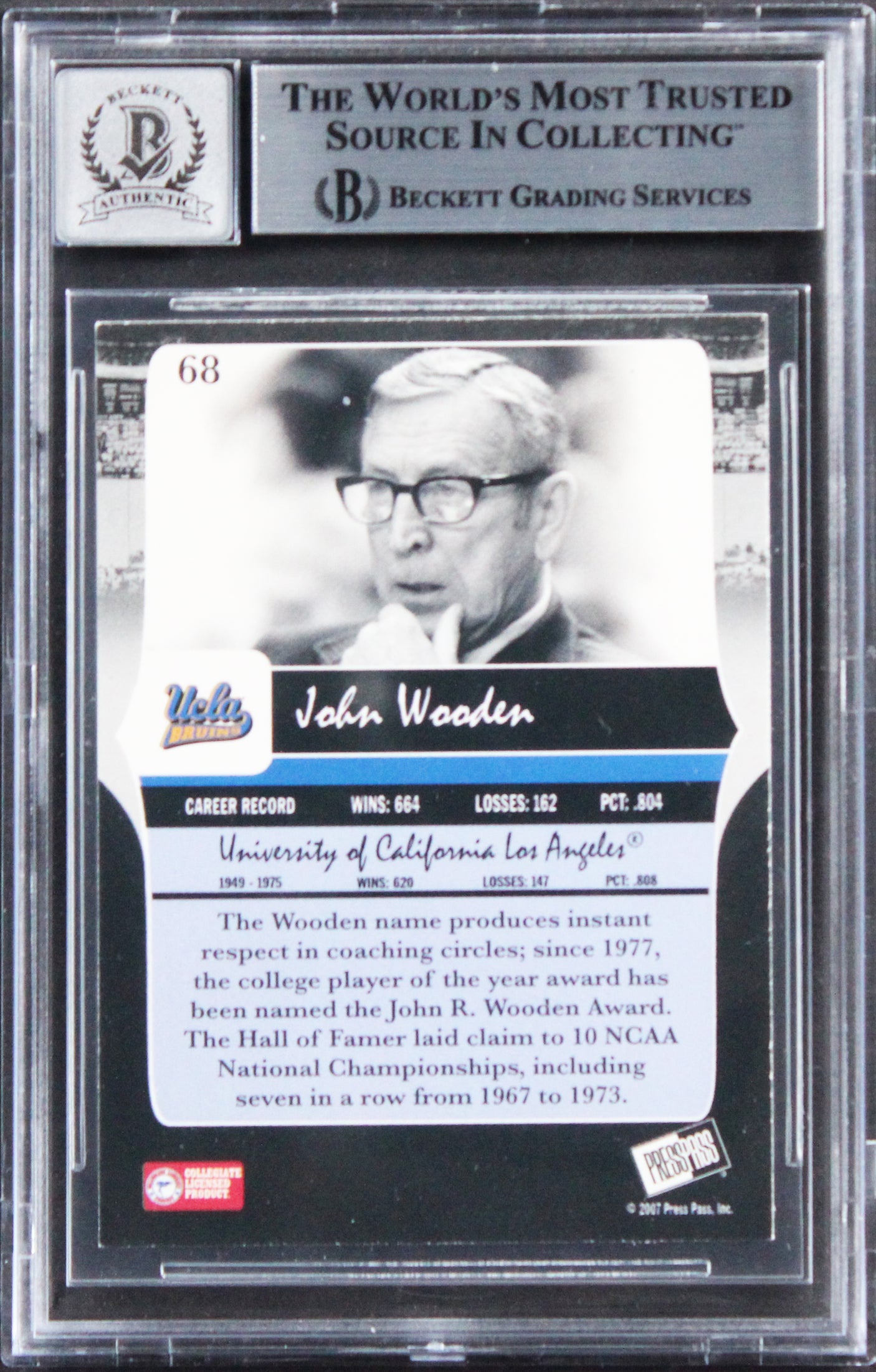 UCLA John Wooden "UCLA" Signed 2006 Press Pass Legend #68 Card Auto 10! BAS Slab