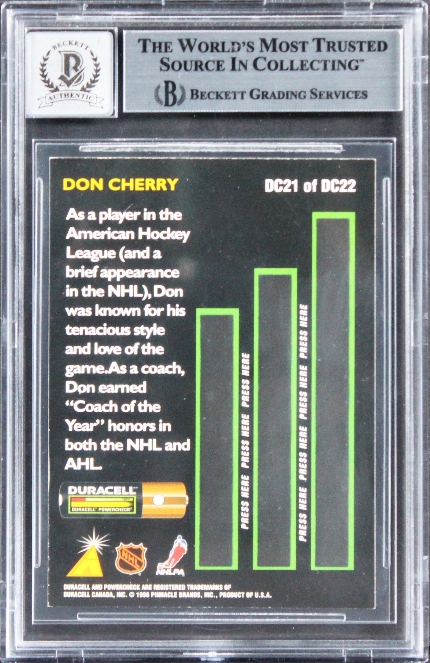 Bruins Don Cherry Signed 1996 Duracell All-Cherry #DC21 Card Auto 10! BAS Slab