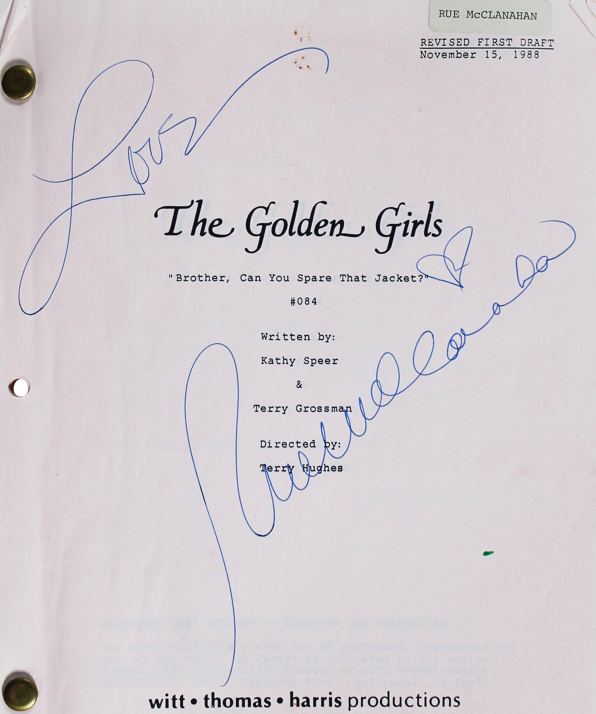 Rue McClanahan Golden Girls Authentic Signed Set Used Tv Script BAS #AG010061