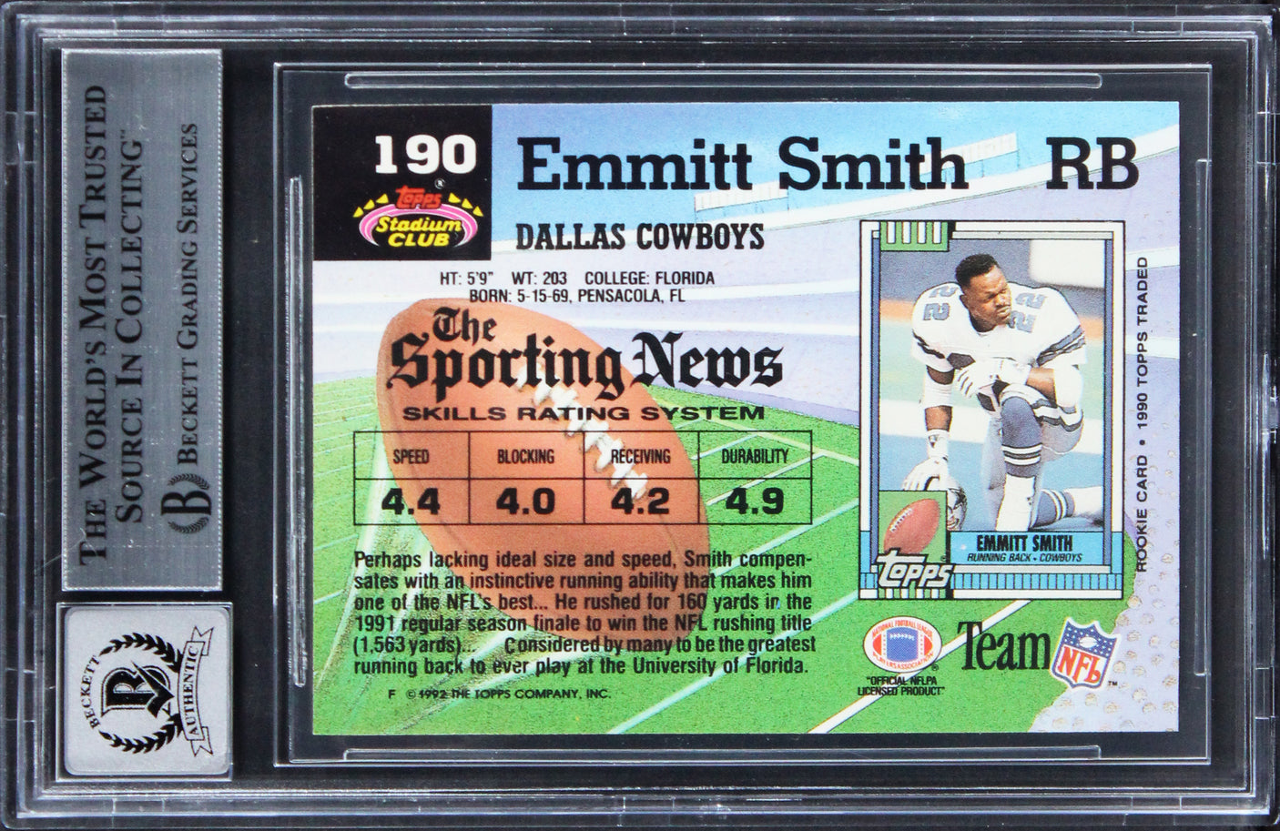 Cowboys Emmitt Smith Signed 1992 Stadium Club #190 Card Auto GM 10! BAS Slabbed