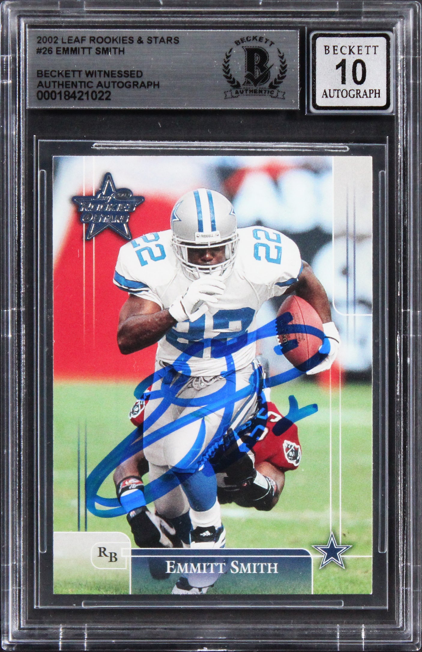 Cowboys Emmitt Smith Signed 2002 Leaf Rookies & Stars #26 Card Auto 10! BAS Slab