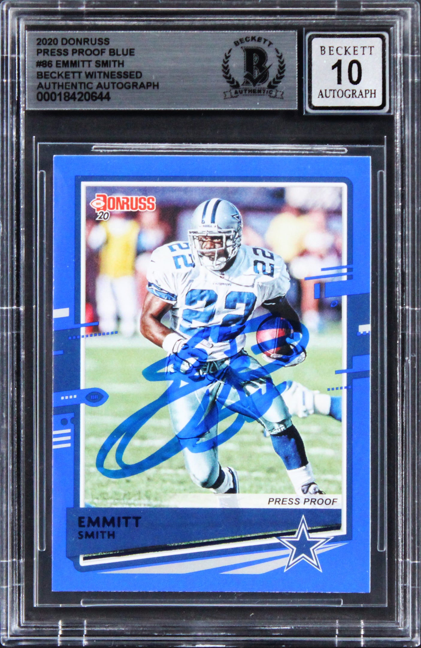 Emmitt Smith Signed 2020 Donruss Press Proof Blue #86 Card Auto 10! BAS Slabbed