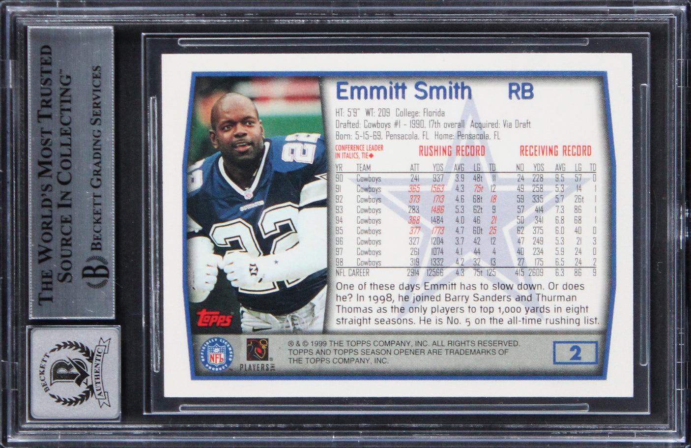 Cowboys Emmitt Smith Signed 1999 Topps Season Opener #2 Card Auto 10 BAS Slabbed