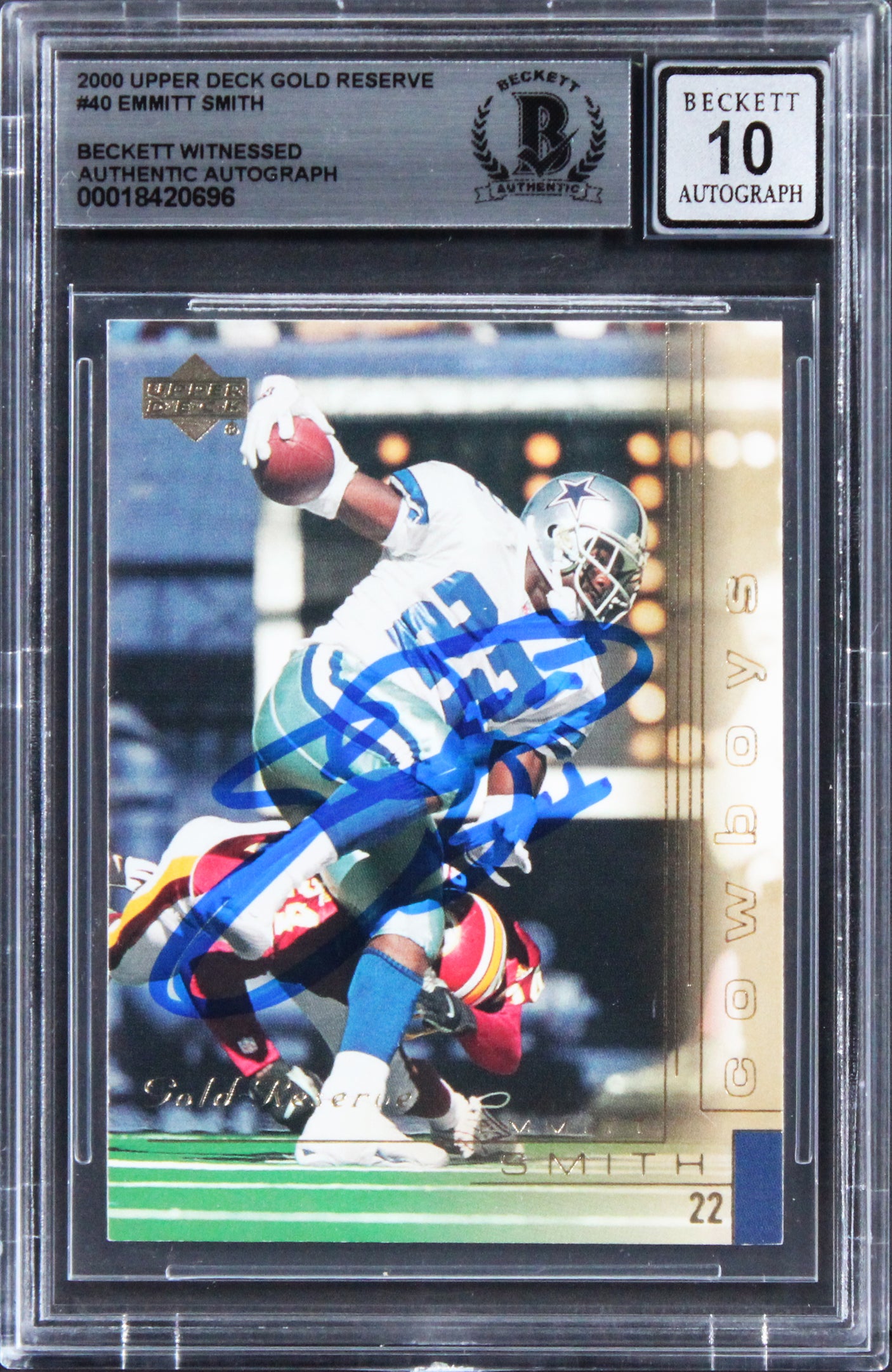 Emmitt Smith Signed 2000 Upper Deck Gold Reserve #40 Card Auto 10! BAS Slabbed
