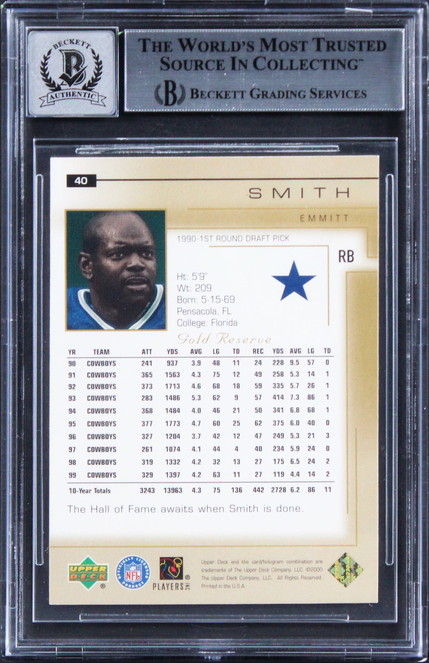 Emmitt Smith Signed 2000 Upper Deck Gold Reserve #40 Card Auto 10! BAS Slabbed