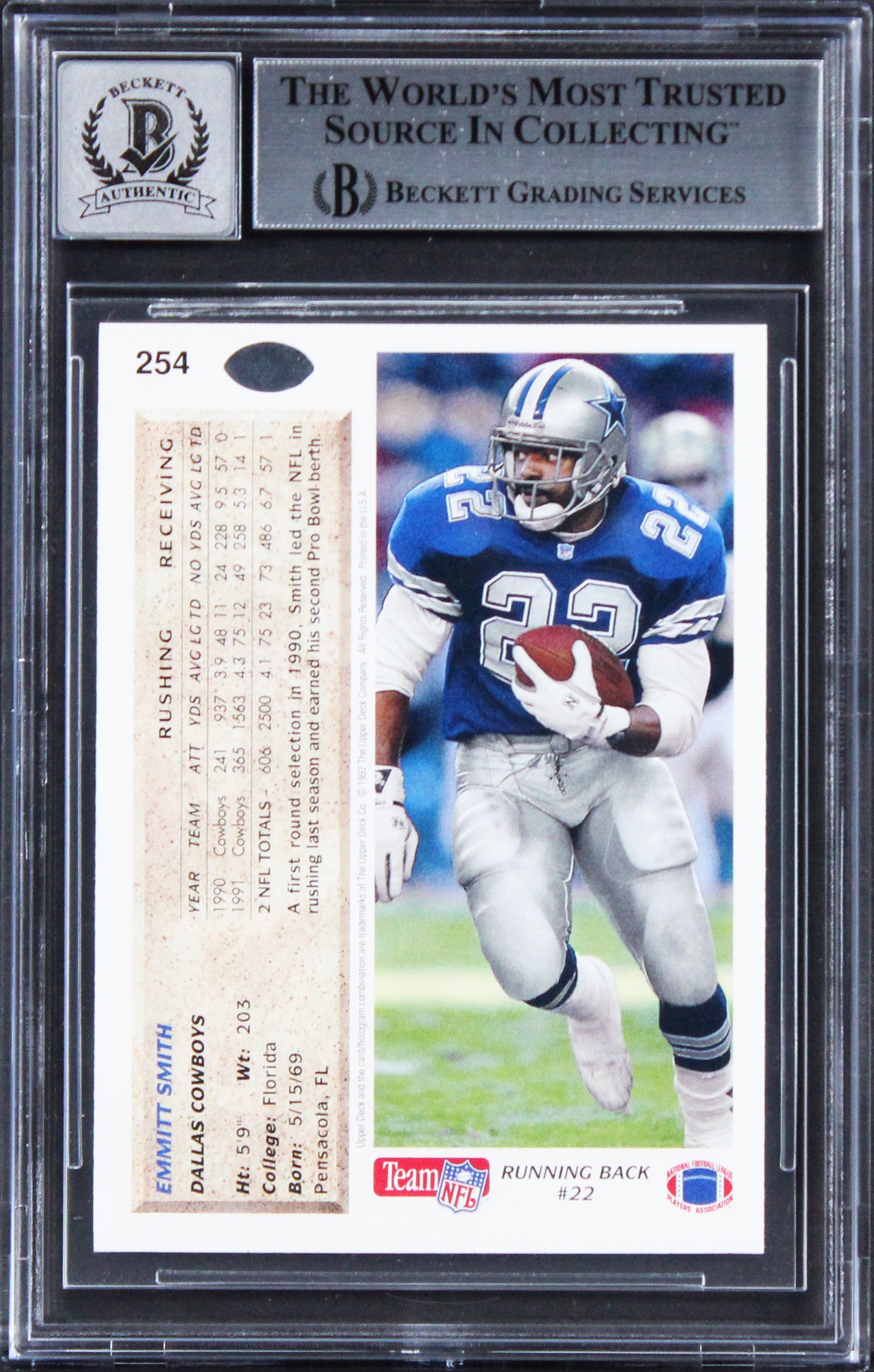 Cowboys Emmitt Smith Signed 1992 Upper Deck #254 Card Auto Grade 10! BAS Slabbed