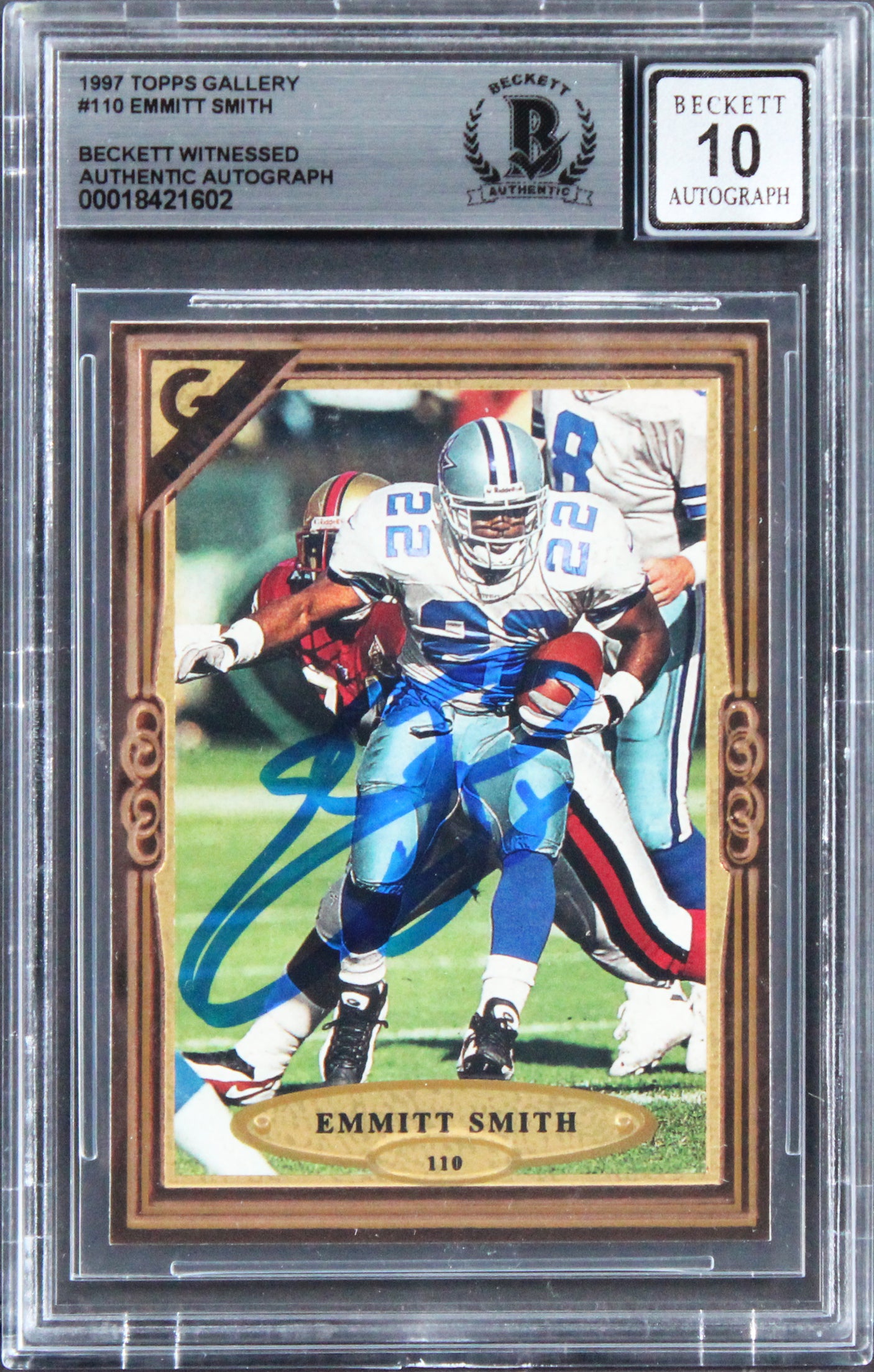 Cowboys Emmitt Smith Signed 1997 Topps Gallery #1110 Card Auto 10! BAS Slabbed