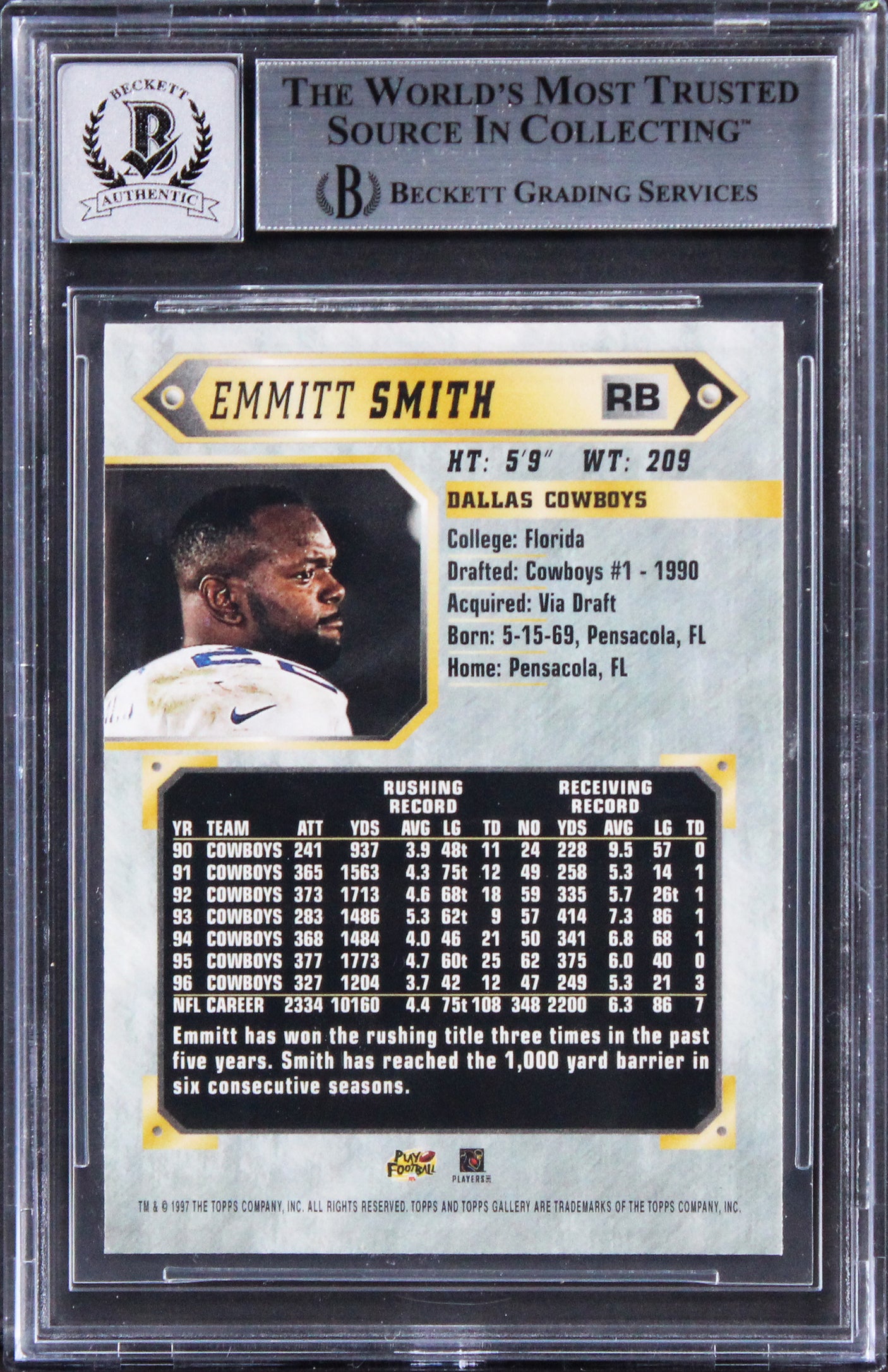 Cowboys Emmitt Smith Signed 1997 Topps Gallery #1110 Card Auto 10! BAS Slabbed