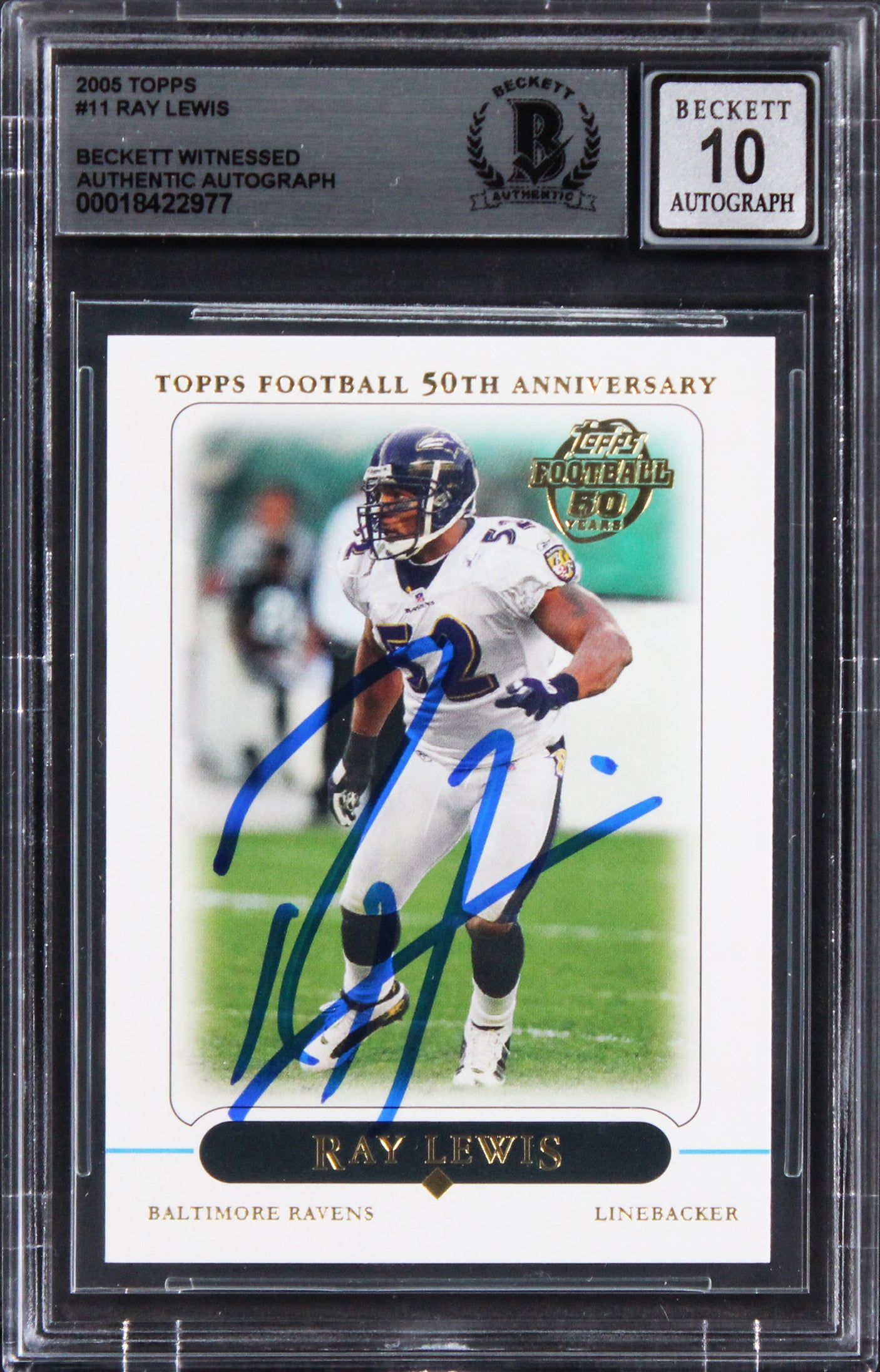 Ravens Ray Lewis Signed 2005 Topps #11 Card Auto Graded Gem Mint 10! BAS Slabbed