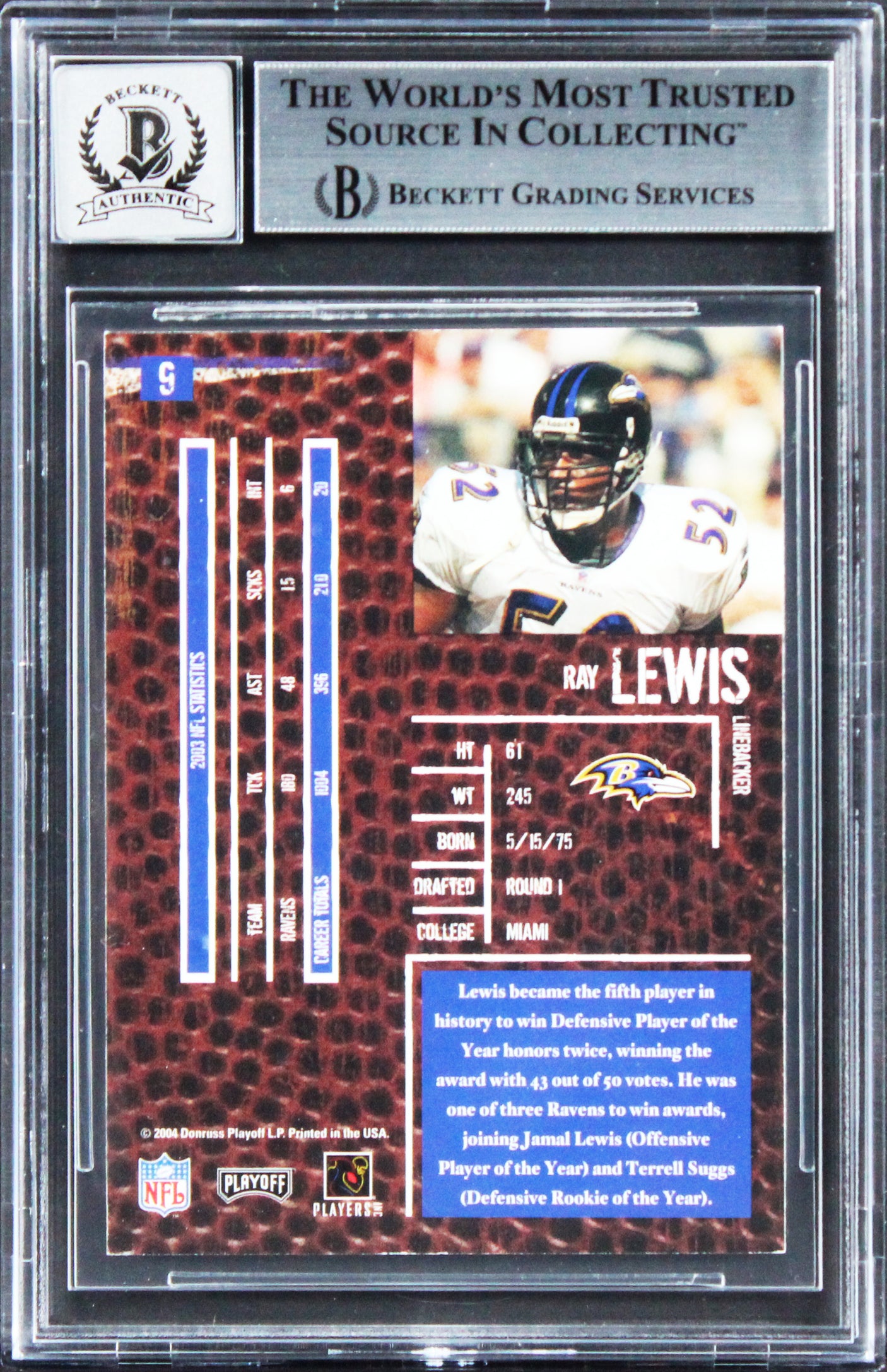 Ravens Ray Lewis Signed 2004 Playoff Hogg Heaven #9 Card Auto GM 10! BAS Slabbed