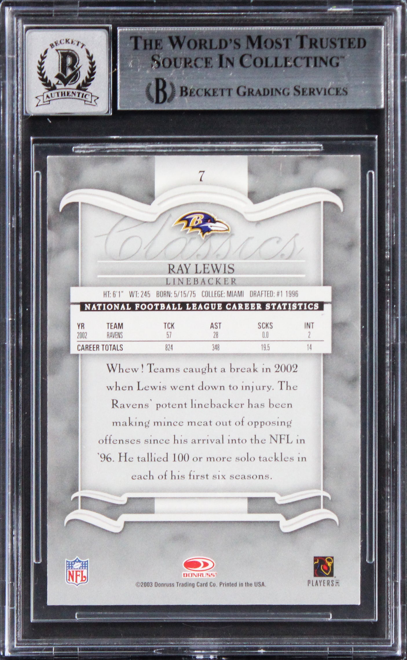 Ravens Ray Lewis Signed 2003 Donruss Classics #7 Card Auto Grade 10! BAS Slabbed