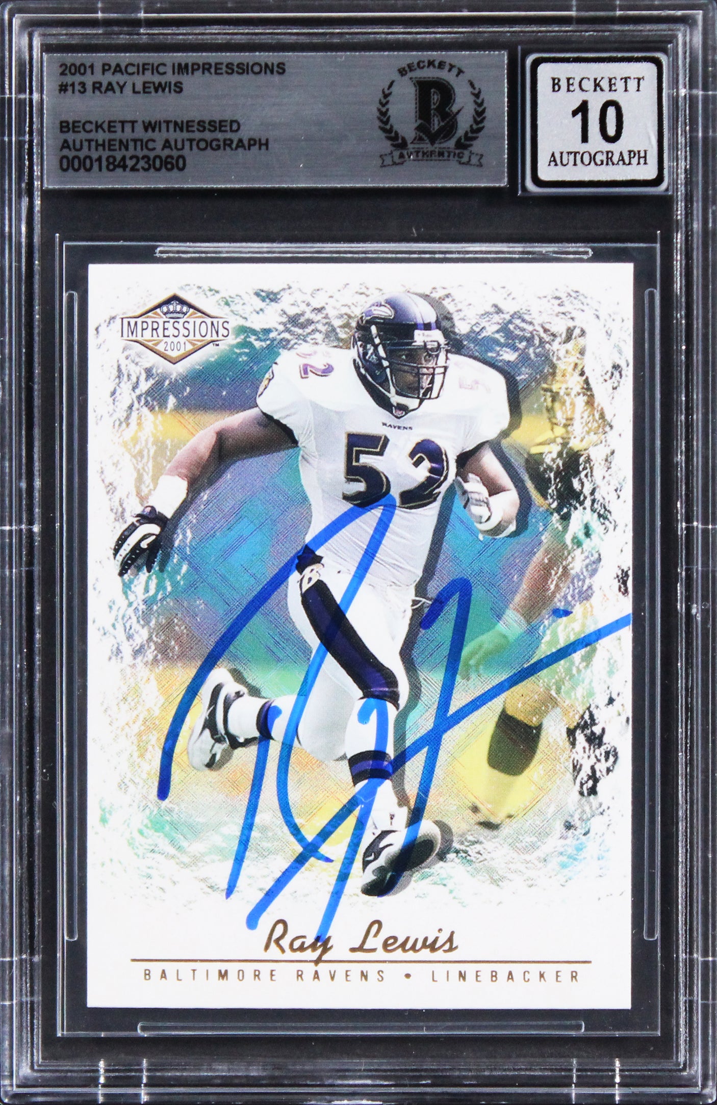 Ravens Ray Lewis Signed 2001 Pacific Impressions #13 Card Auto 10! BAS Slabbed