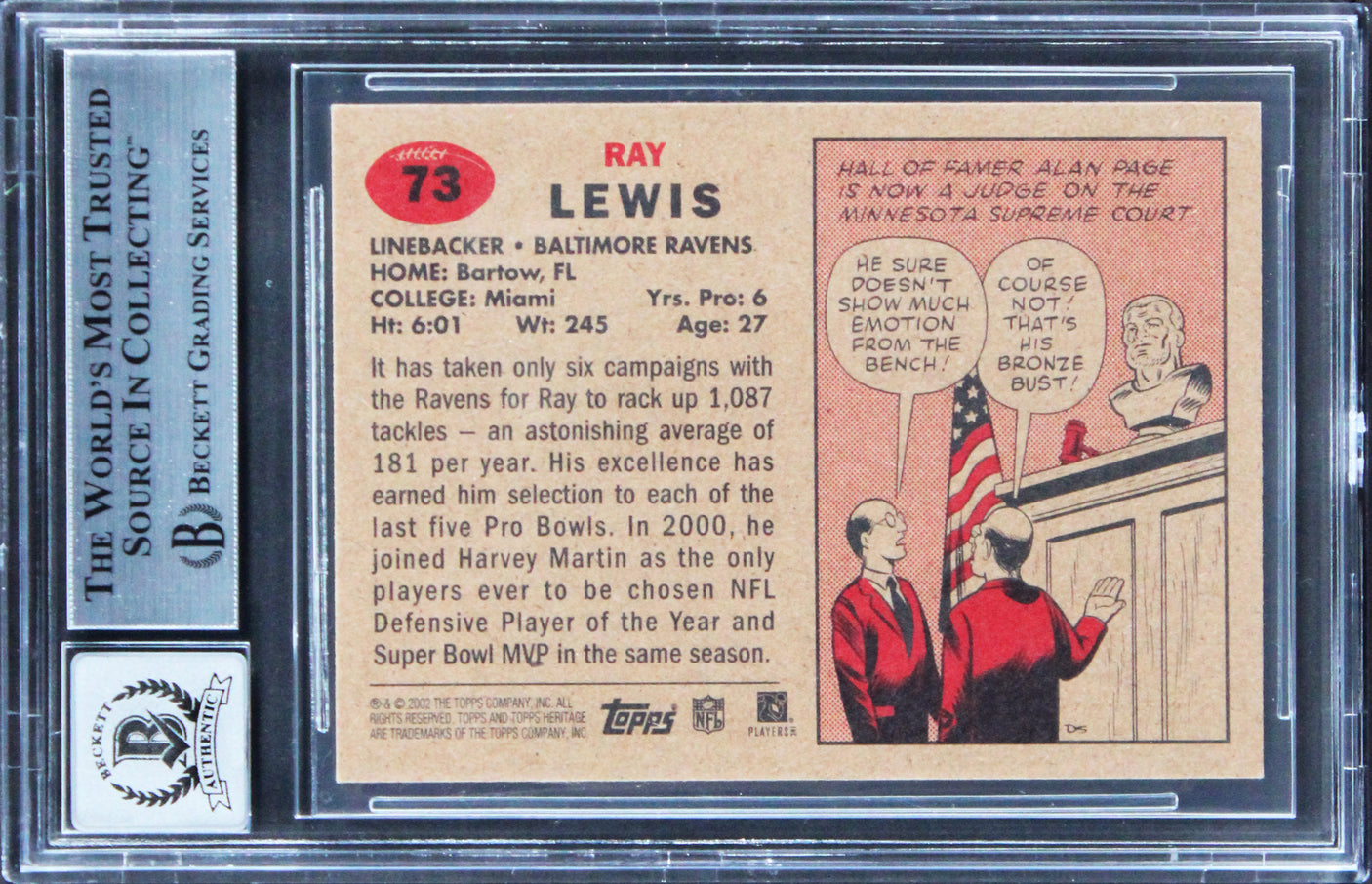 Ravens Ray Lewis Signed 2002 Topps Heritage #73 Card Auto Graded 10! BAS Slabbed